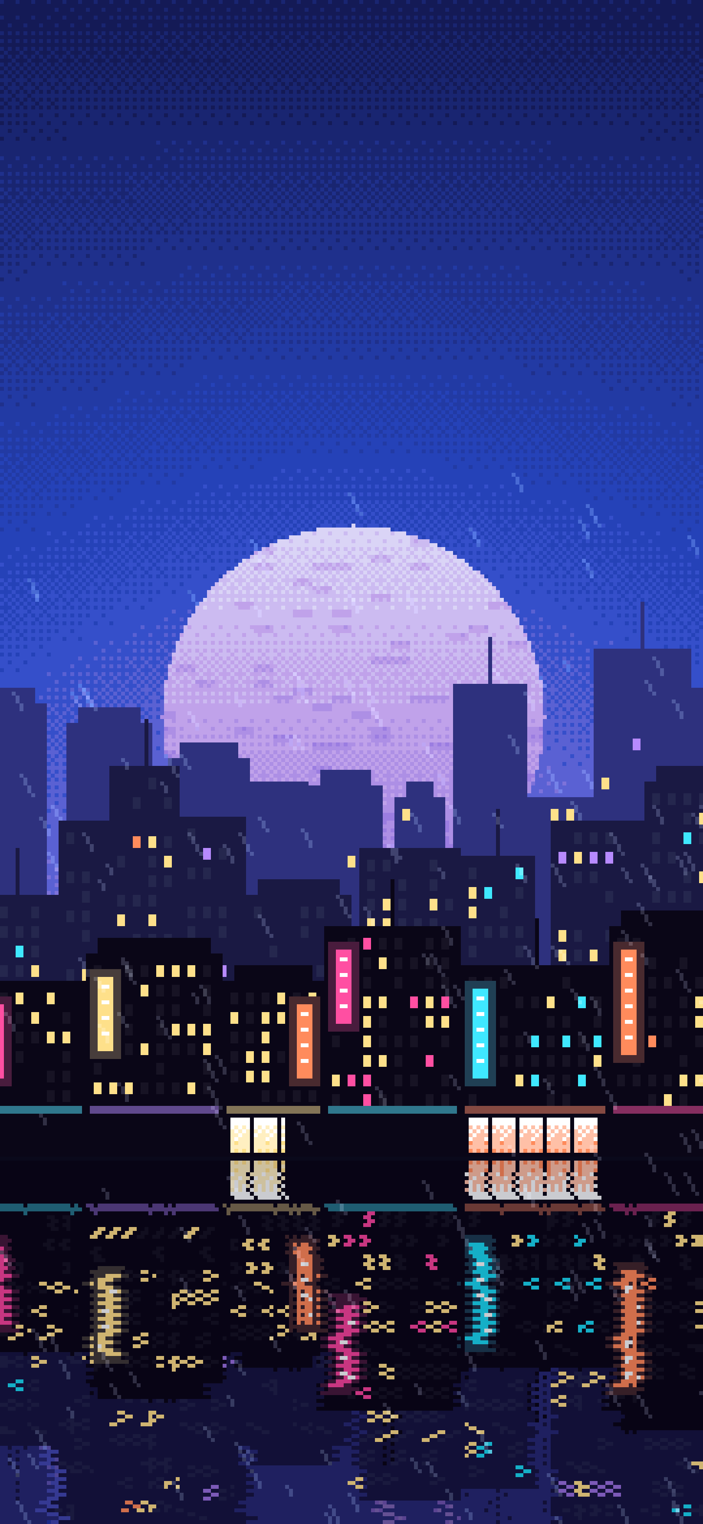 Royal Blue Pixel Art Rainy City wallpaper for iPhone and Android