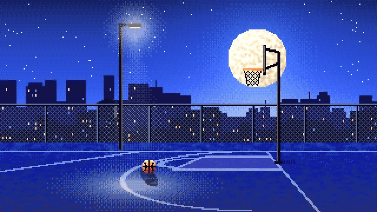 Royal Blue Pixel Art Rooftop Basketball Court desktop wallpaper in 4K