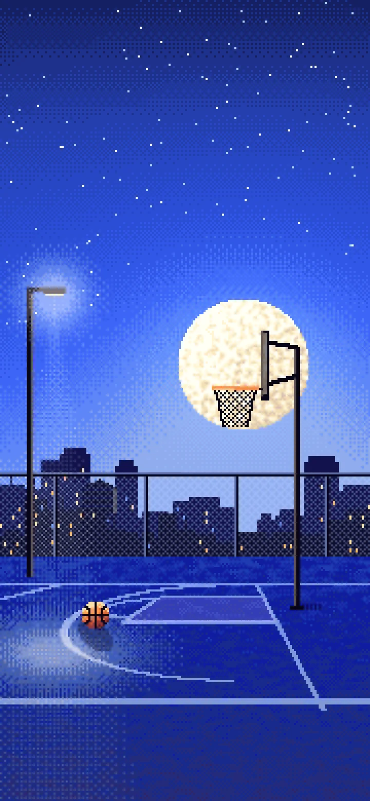Royal Blue Pixel Art Rooftop Basketball Court wallpaper for iPhone and Android