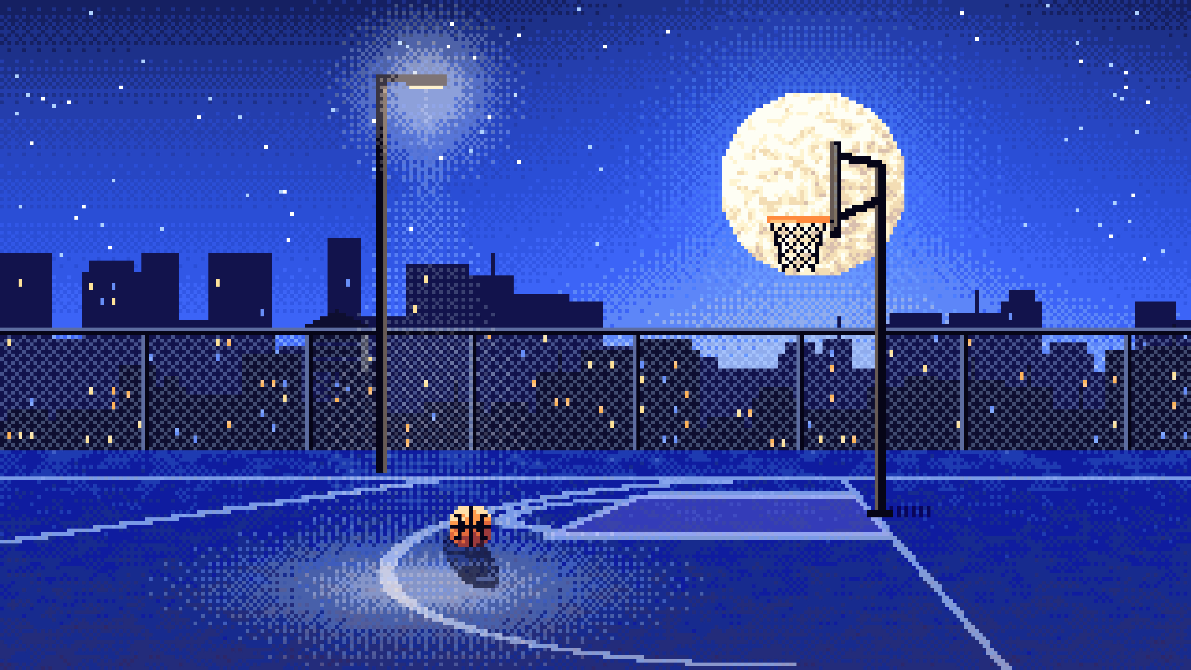 Royal Blue Pixel Art Rooftop Basketball Court desktop wallpaper in 4K