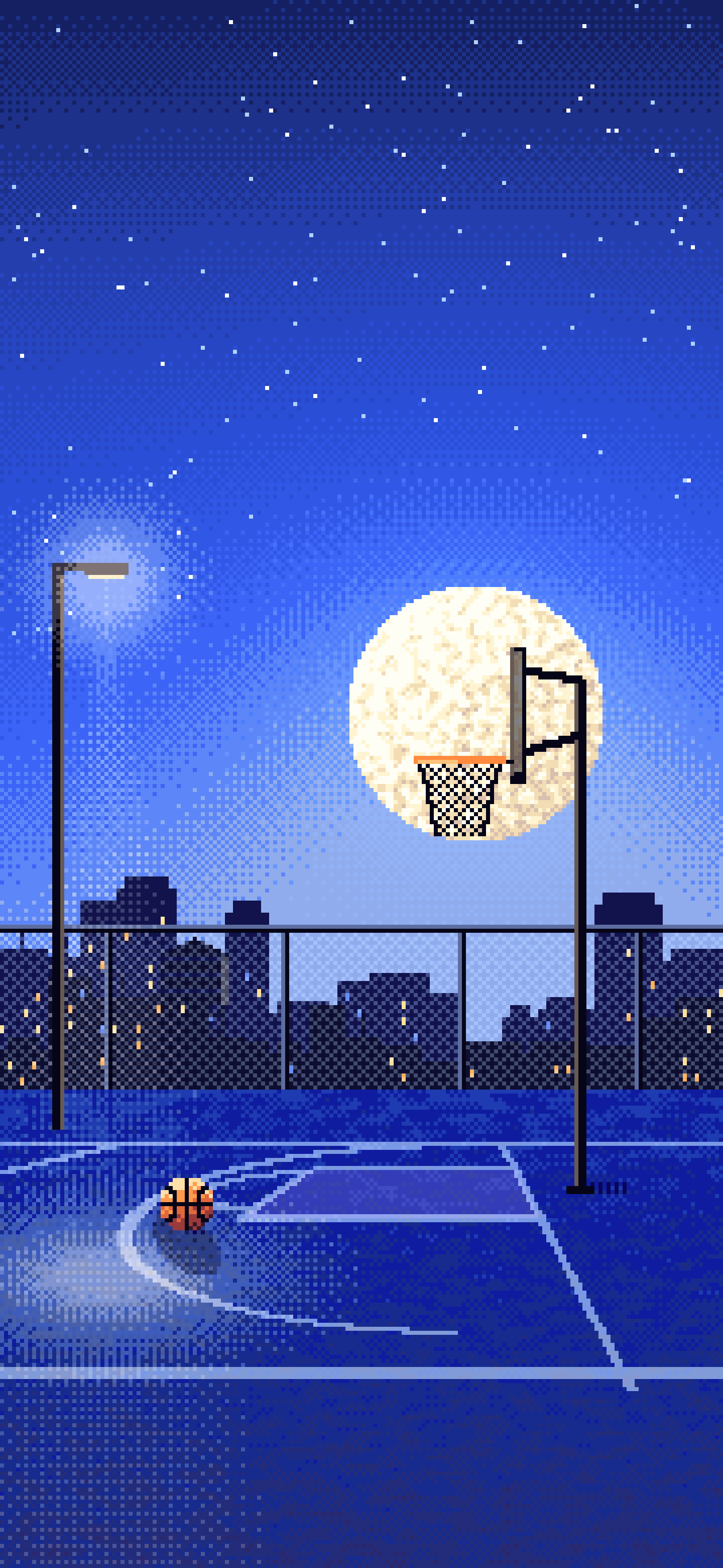 Royal Blue Pixel Art Rooftop Basketball Court wallpaper for iPhone and Android