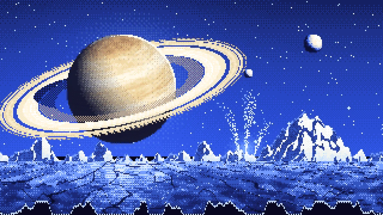 Royal Blue Pixel Art Saturn Over an Icy World desktop wallpaper in 4K