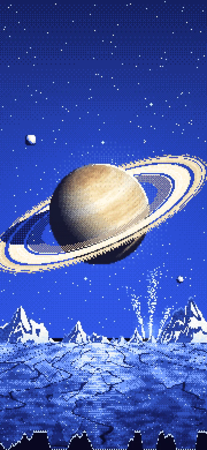 Royal Blue Pixel Art Saturn Over an Icy World wallpaper for iPhone and Android
