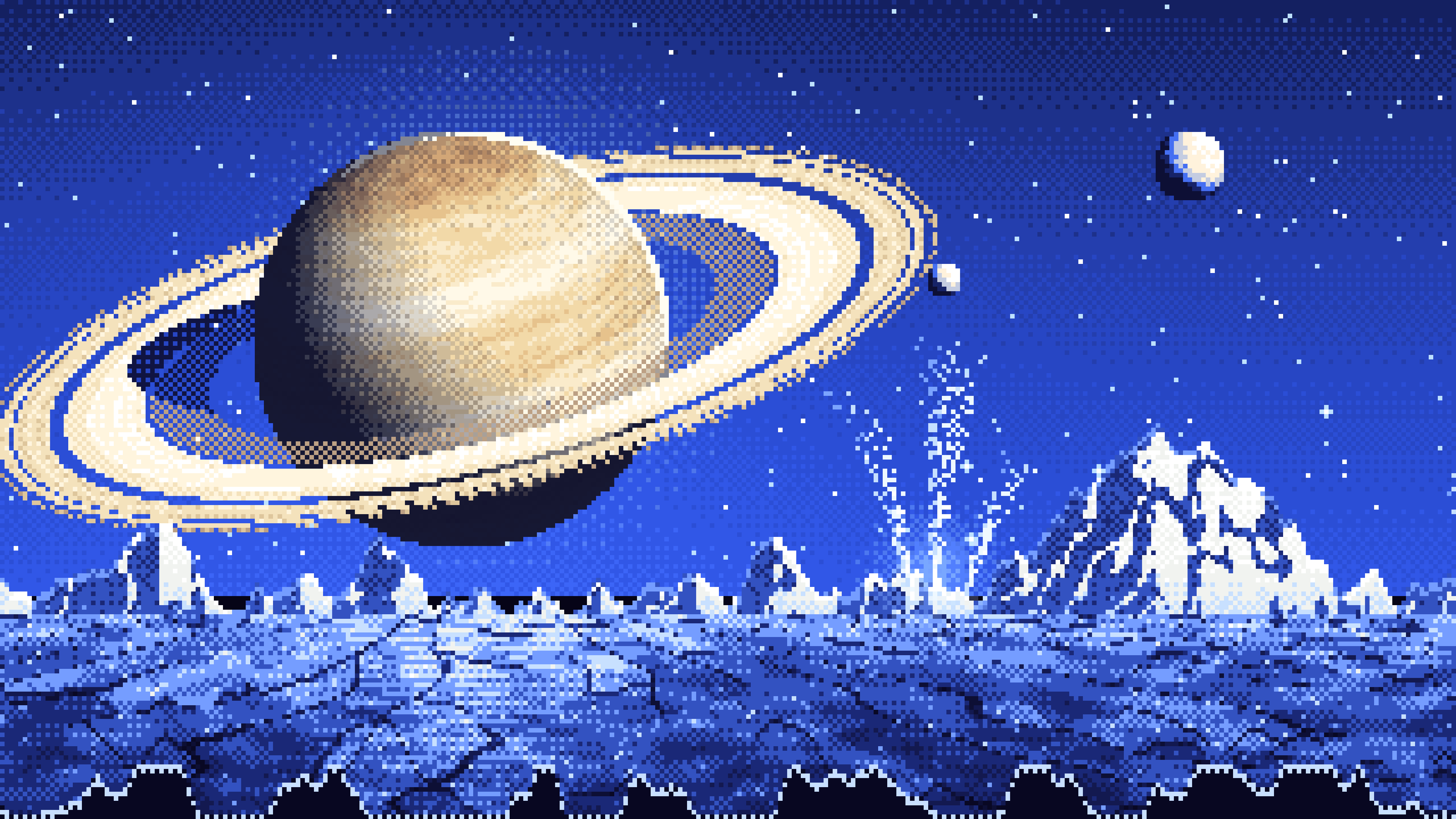 Royal Blue Pixel Art Saturn Over an Icy World desktop wallpaper in 4K
