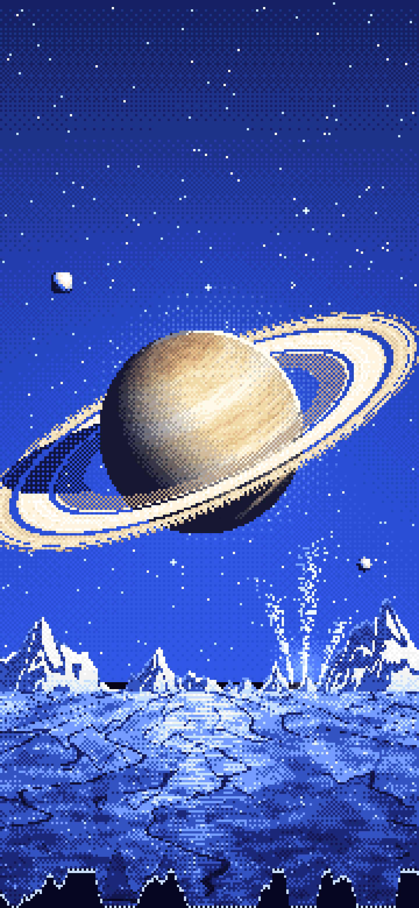 Royal Blue Pixel Art Saturn Over an Icy World wallpaper for iPhone and Android