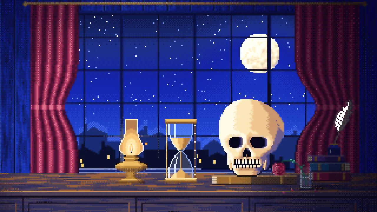 Royal Blue Pixel Art Skull and Hourglass by Lamplight desktop wallpaper in 4K