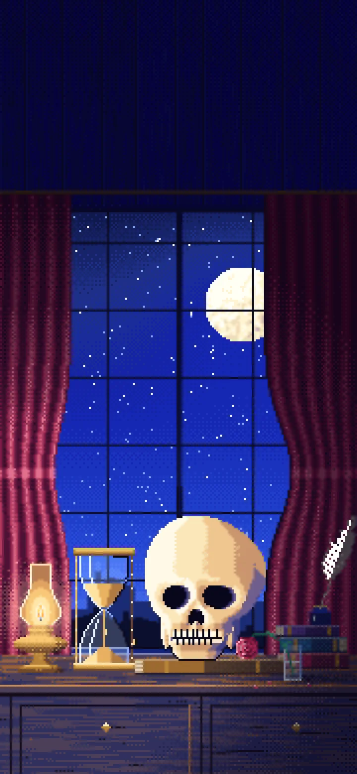 Royal Blue Pixel Art Skull and Hourglass by Lamplight wallpaper for iPhone and Android