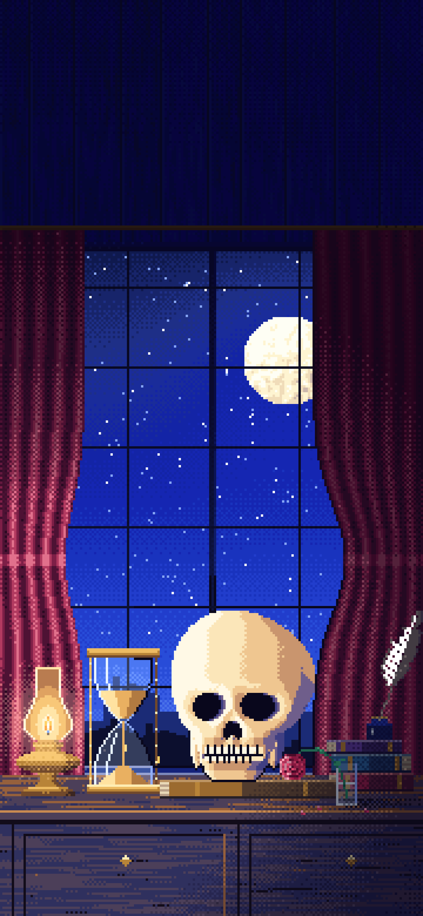 Royal Blue Pixel Art Skull and Hourglass by Lamplight wallpaper for iPhone and Android