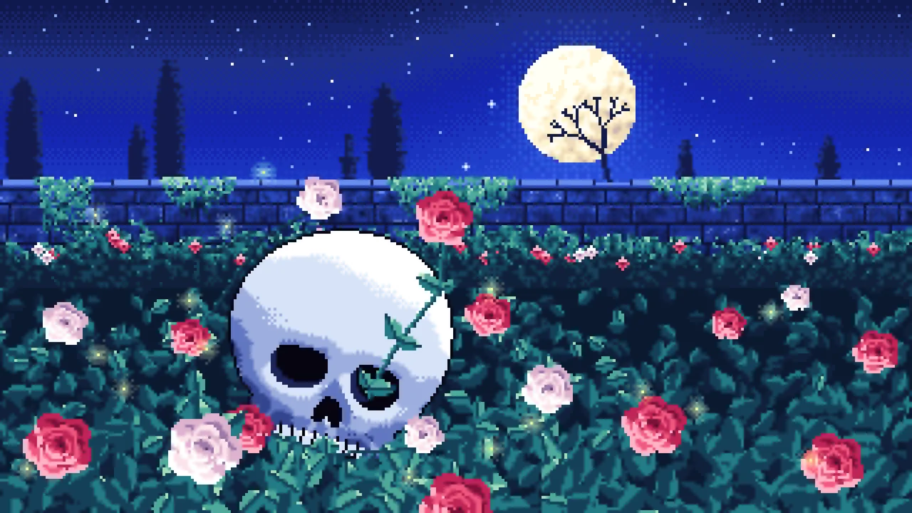 Royal Blue Pixel Art Skull and Roses by Moonlight desktop wallpaper in 4K