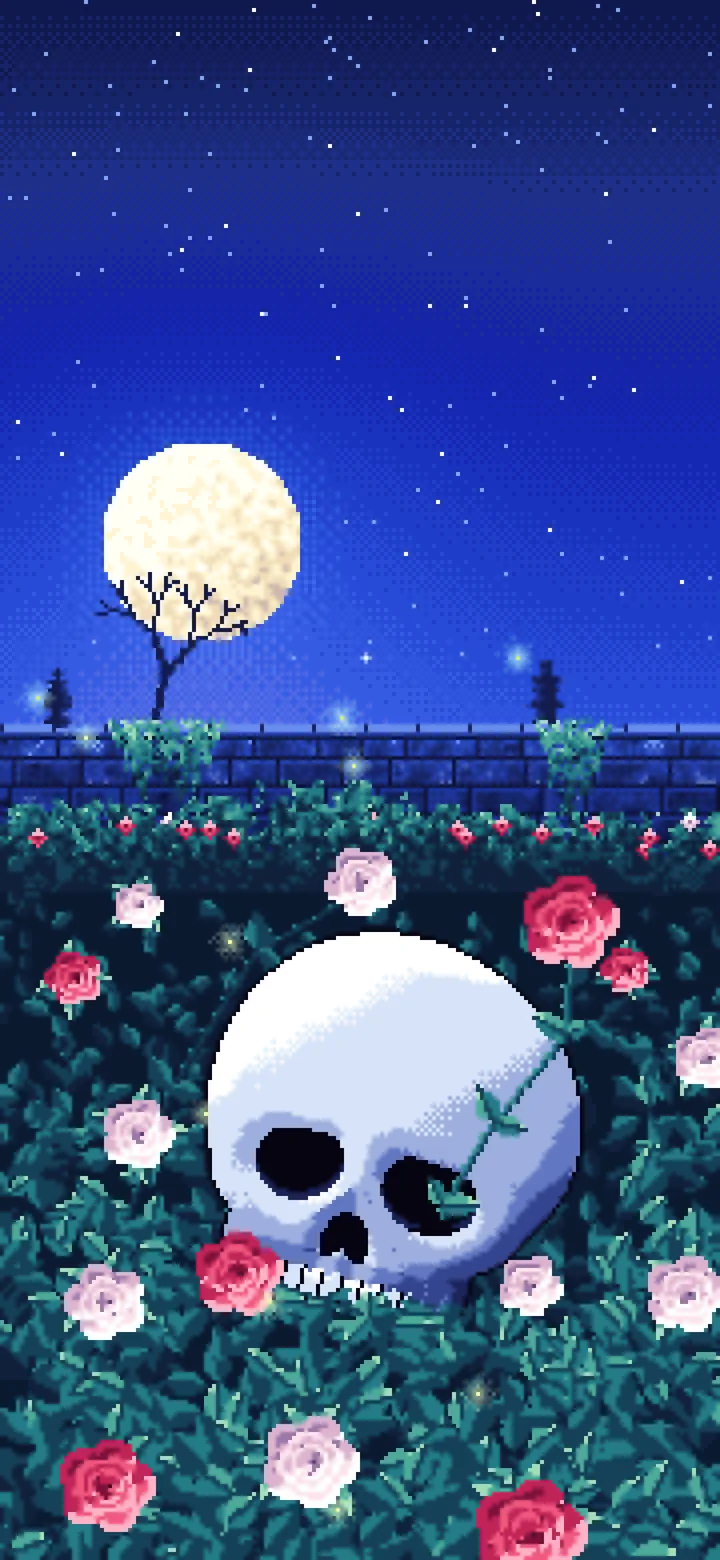 Royal Blue Pixel Art Skull and Roses by Moonlight wallpaper for iPhone and Android