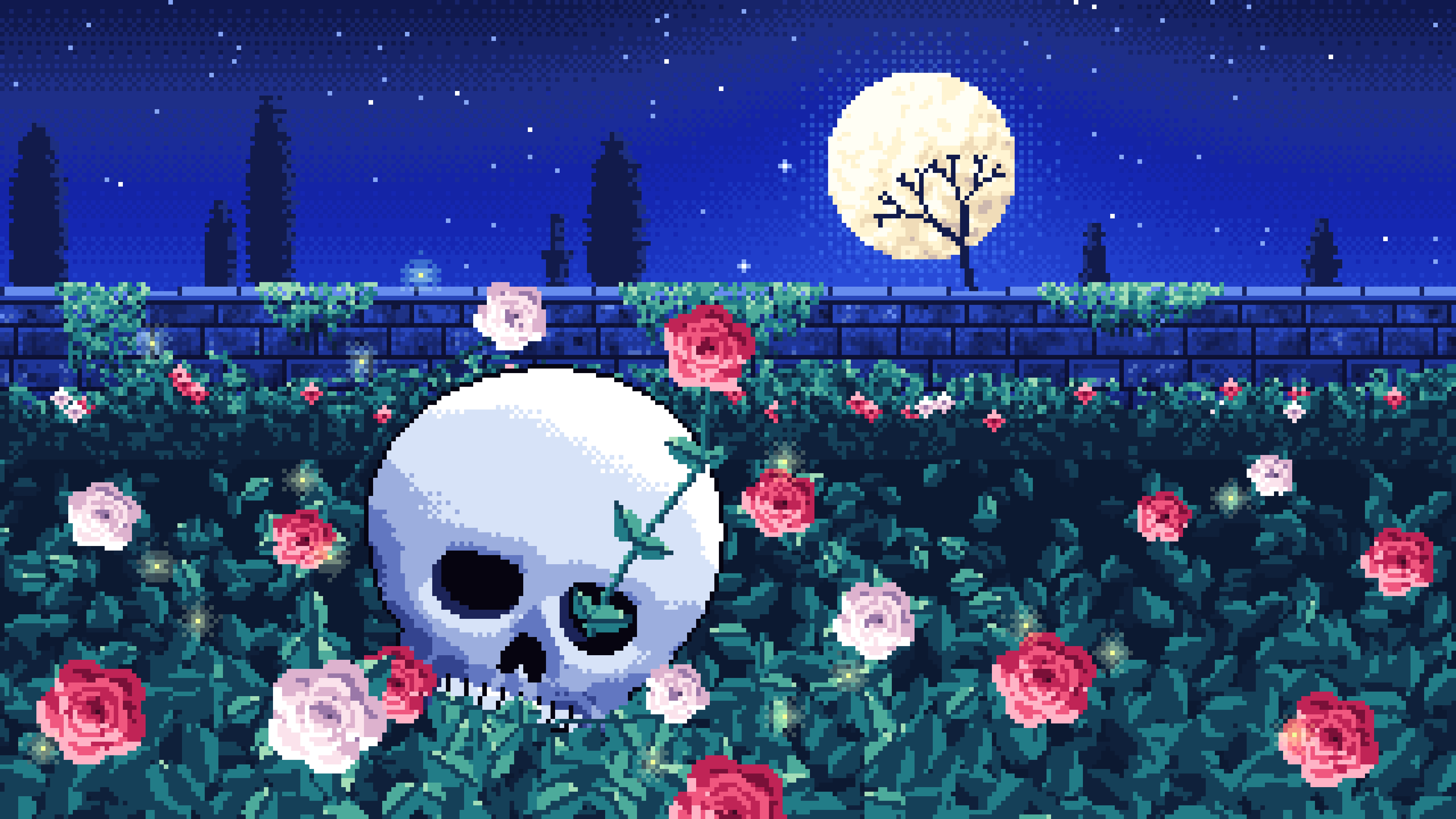 Royal Blue Pixel Art Skull and Roses by Moonlight desktop wallpaper in 4K