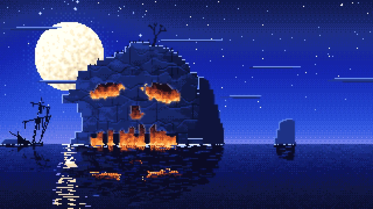 Royal Blue Pixel Art Skull Rock at Night desktop wallpaper in 4K
