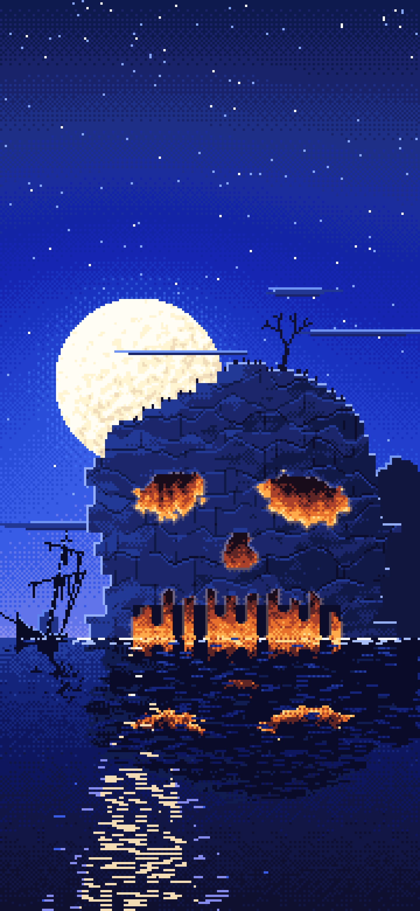 Royal Blue Pixel Art Skull Rock at Night wallpaper for iPhone and Android