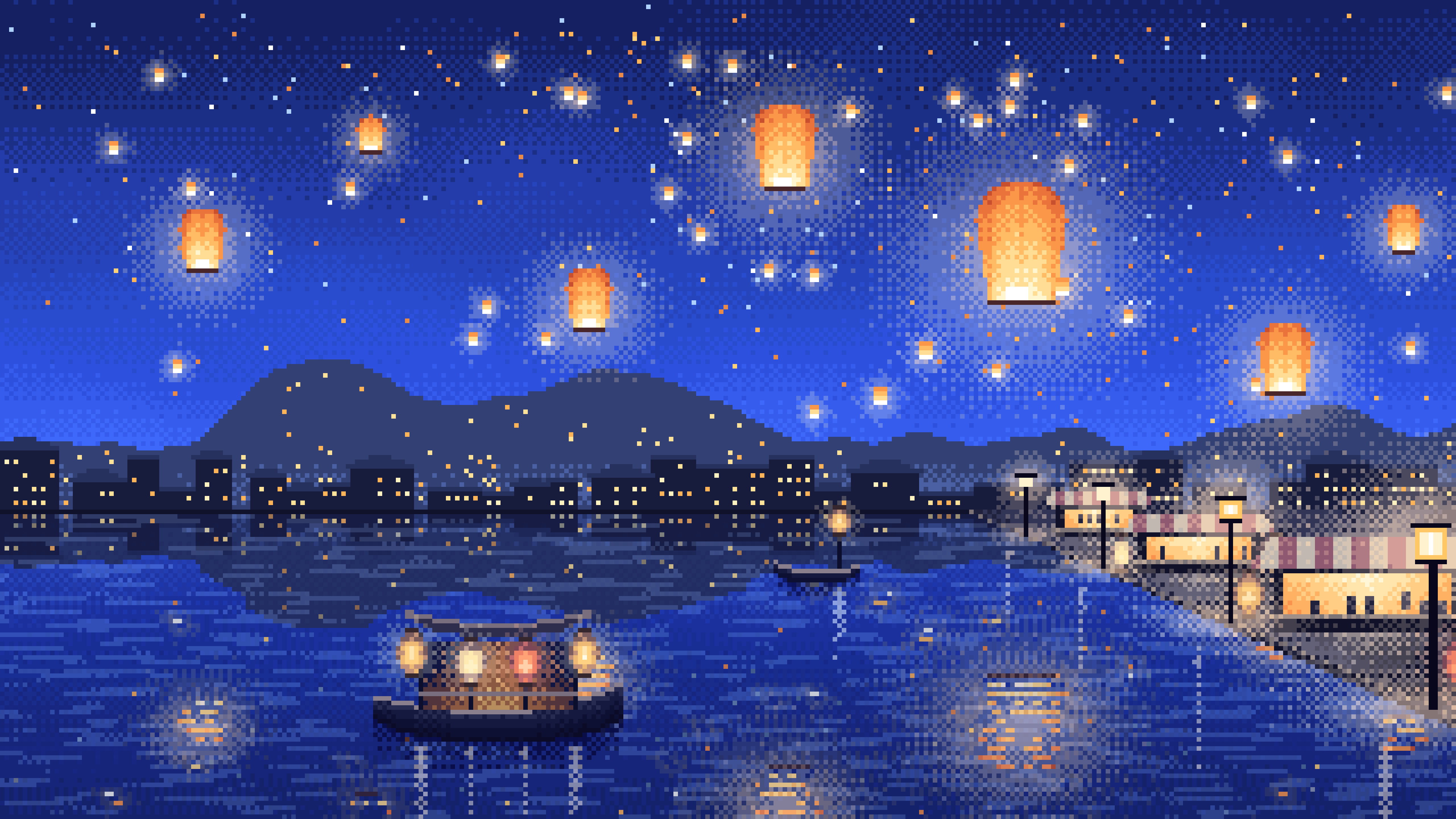 Royal Blue Pixel Art Sky Lanterns Over a River desktop wallpaper in 4K