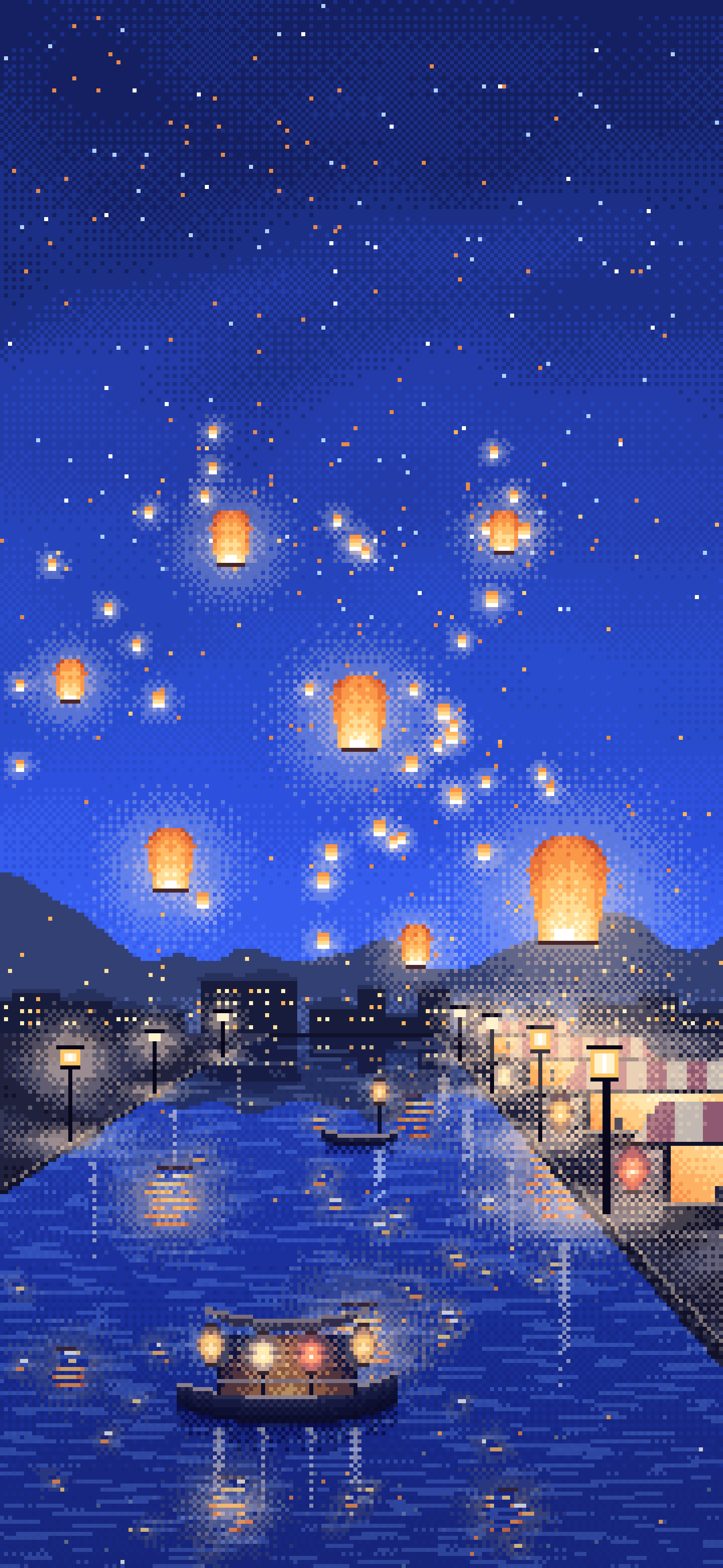 Royal Blue Pixel Art Sky Lanterns Over a River wallpaper for iPhone and Android