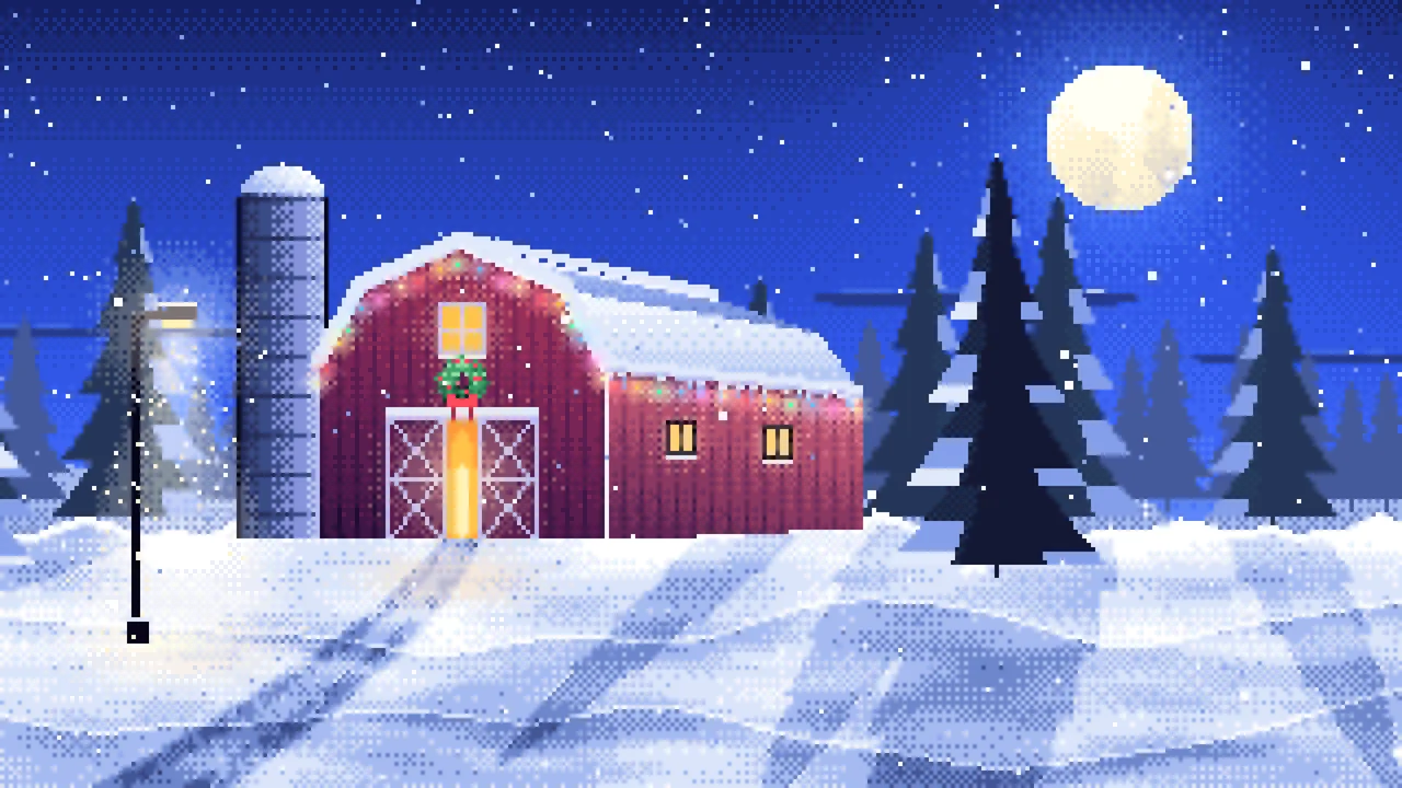 Royal Blue Pixel Art Snowy Barn with Christmas Lights desktop wallpaper in 4K