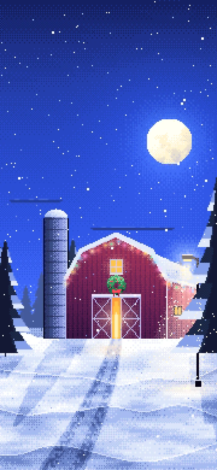 Royal Blue Pixel Art Snowy Barn with Christmas Lights wallpaper for iPhone and Android