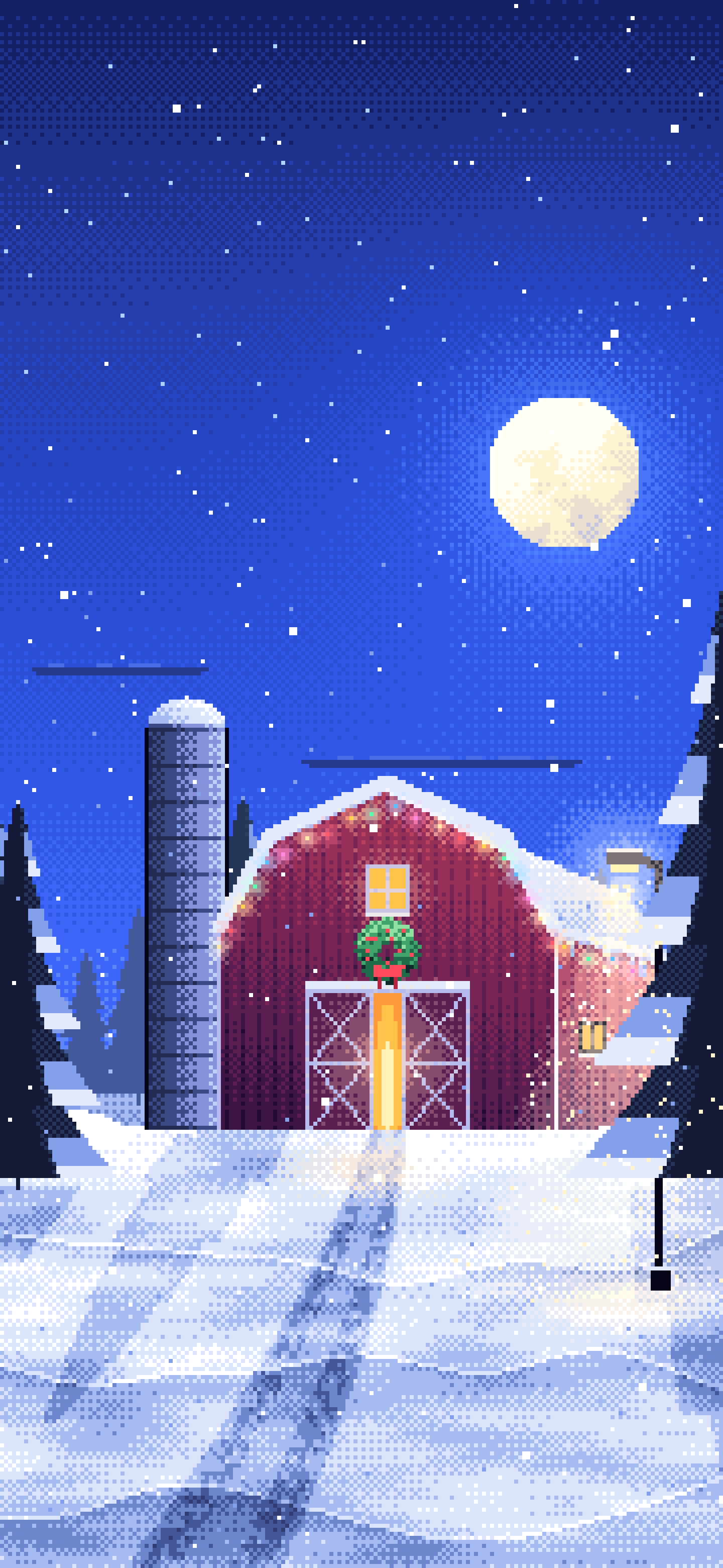 Royal Blue Pixel Art Snowy Barn with Christmas Lights wallpaper for iPhone and Android