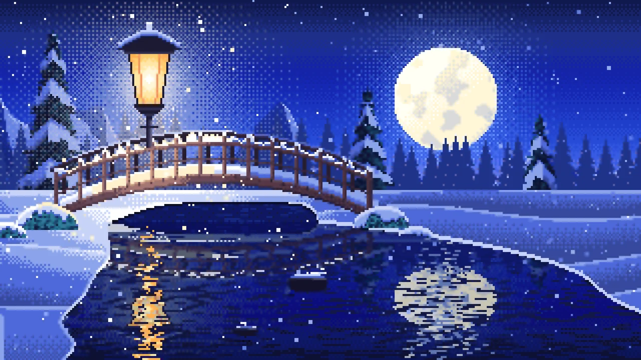 Royal Blue Pixel Art Snowy Bridge at Night desktop wallpaper in 4K