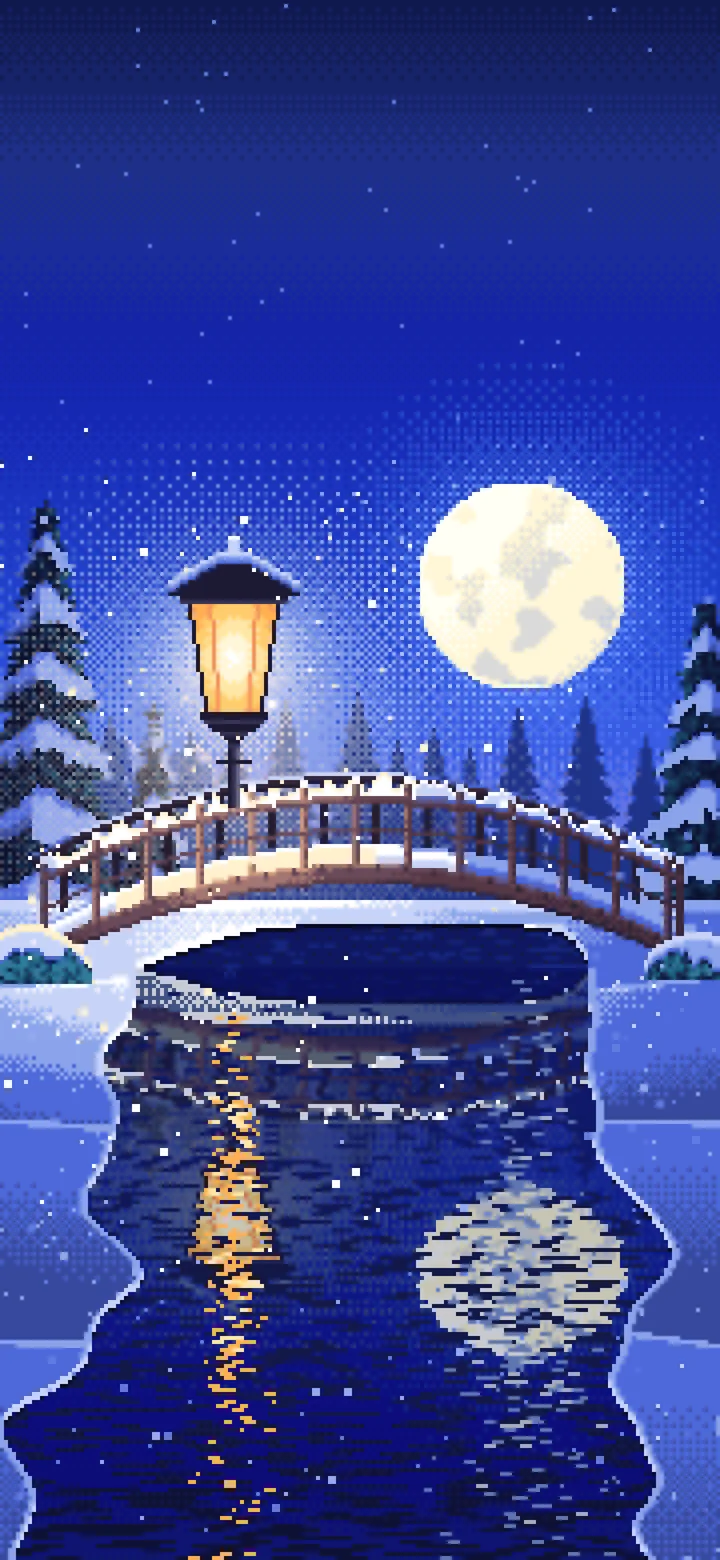 Royal Blue Pixel Art Snowy Bridge at Night wallpaper for iPhone and Android