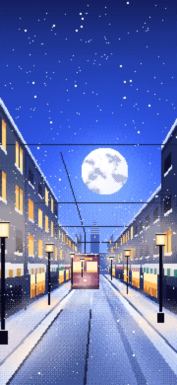 Royal Blue Pixel Art Snowy City Street wallpaper for iPhone and Android