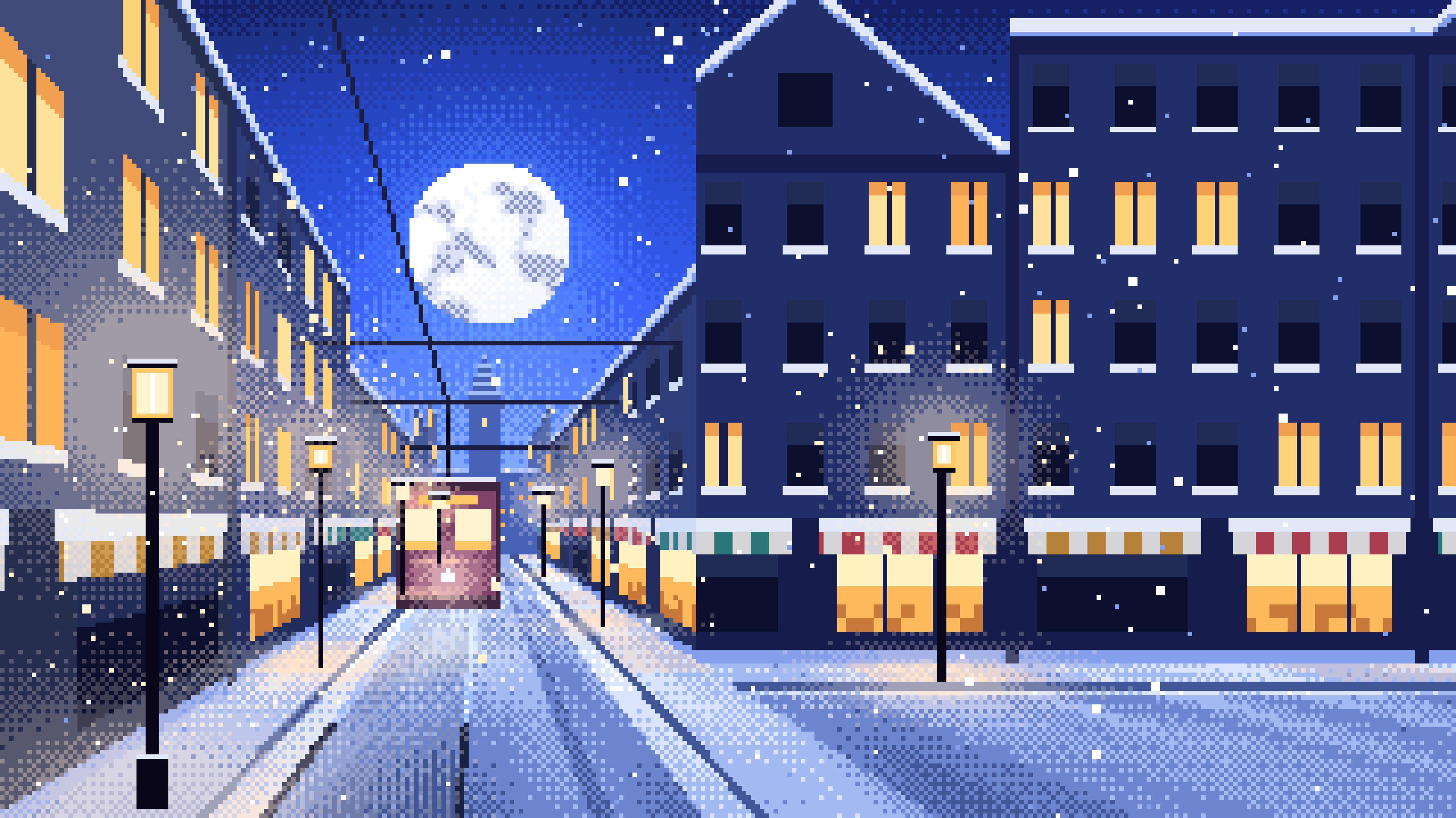 Royal Blue Pixel Art Snowy City Street desktop wallpaper in 4K
