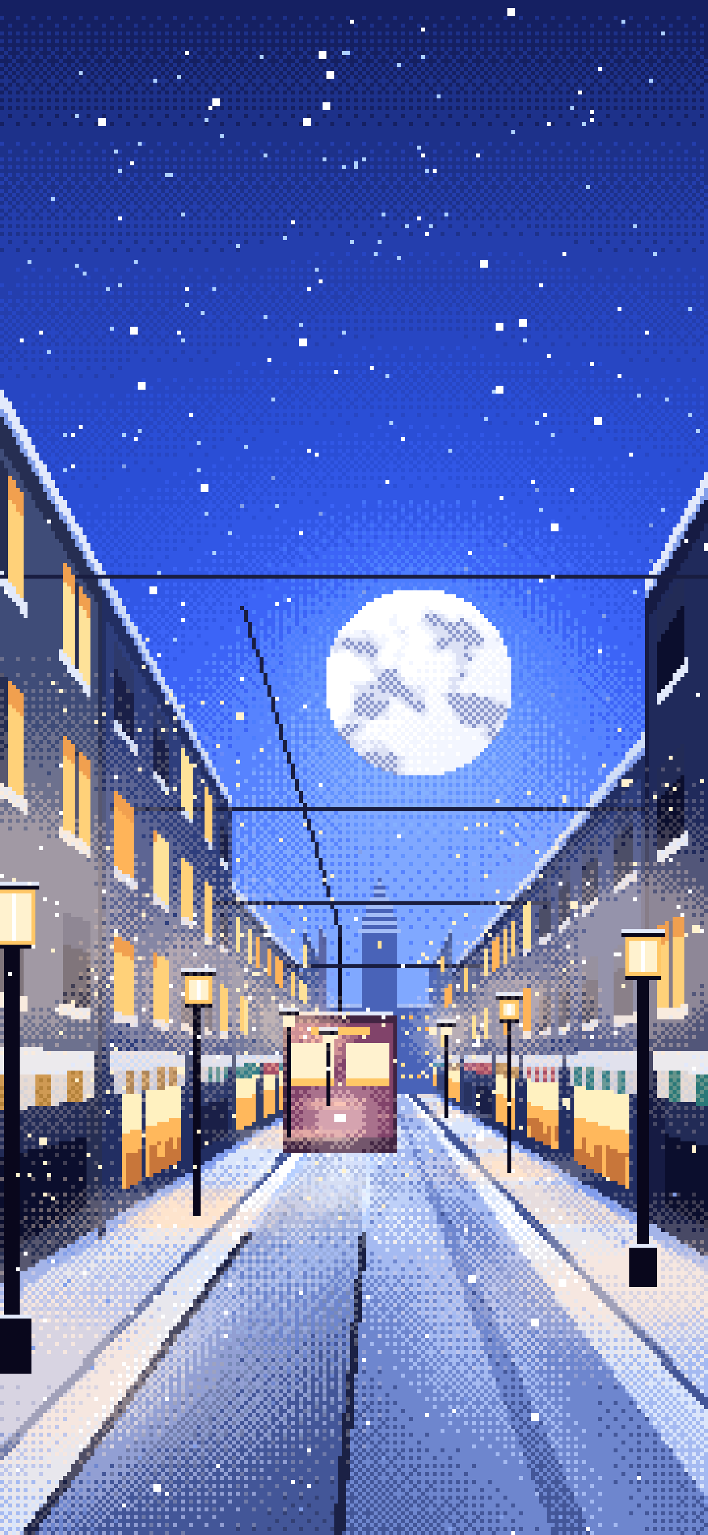 Royal Blue Pixel Art Snowy City Street wallpaper for iPhone and Android