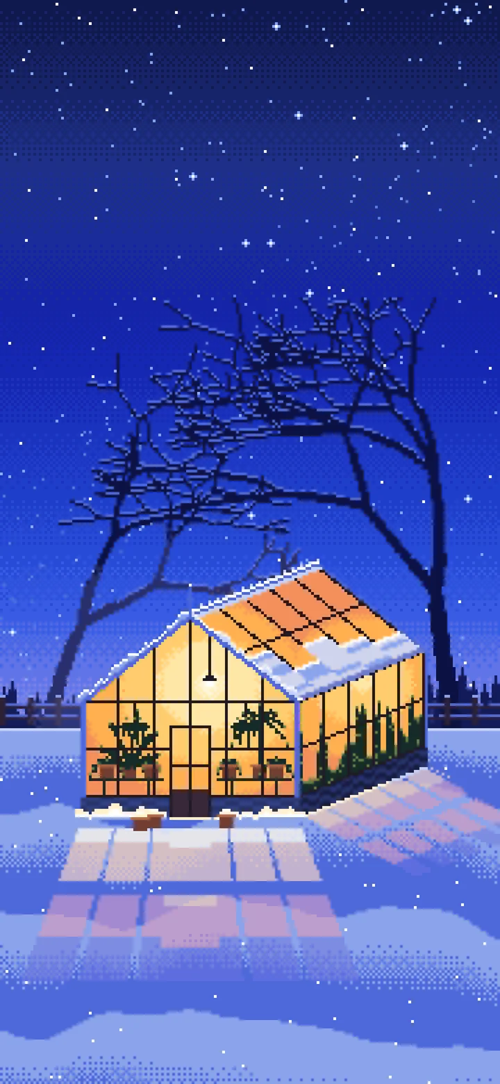 Royal Blue Pixel Art Snowy Greenhouse at Night wallpaper for iPhone and Android