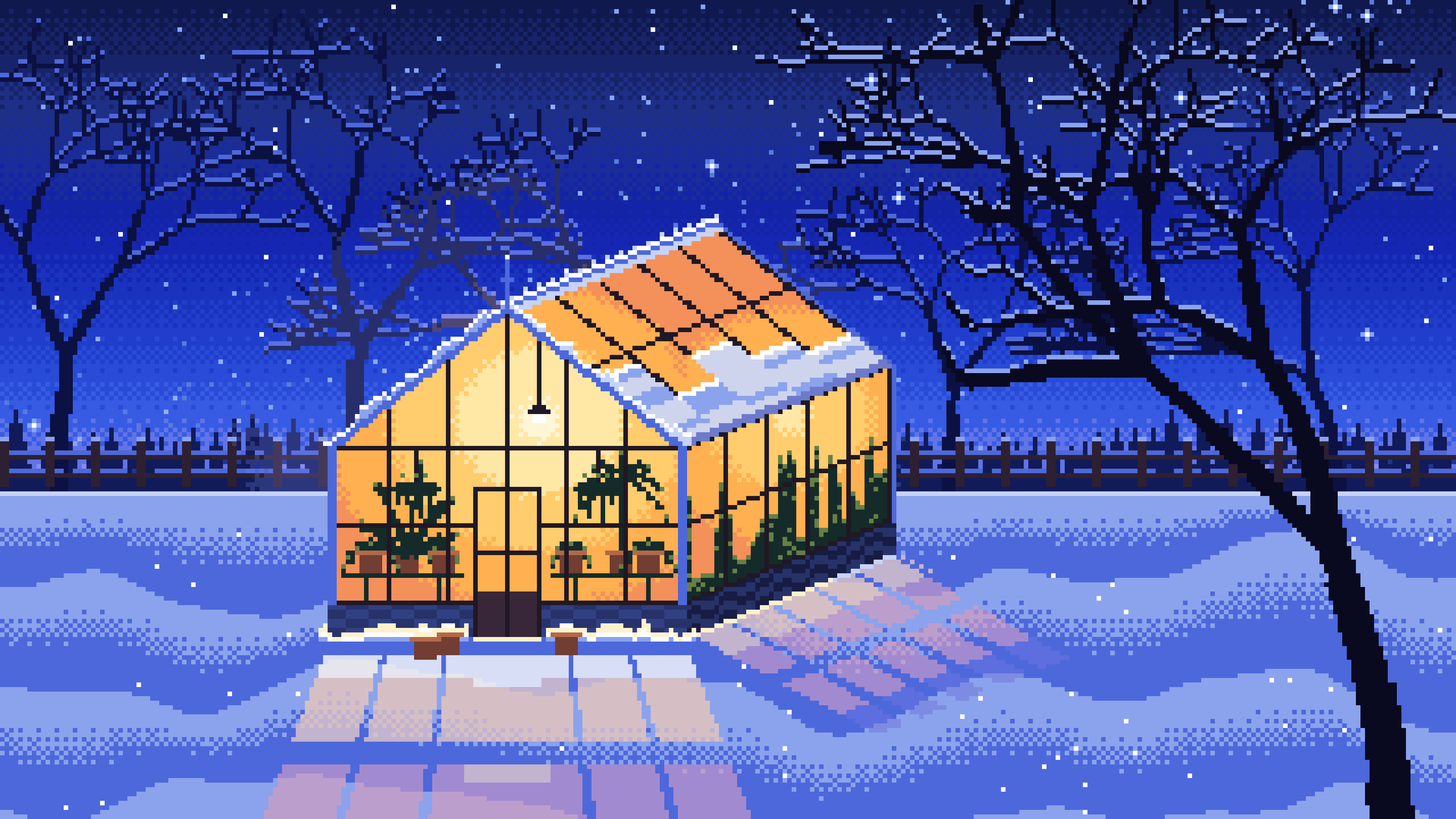 Royal Blue Pixel Art Snowy Greenhouse at Night desktop wallpaper in 4K