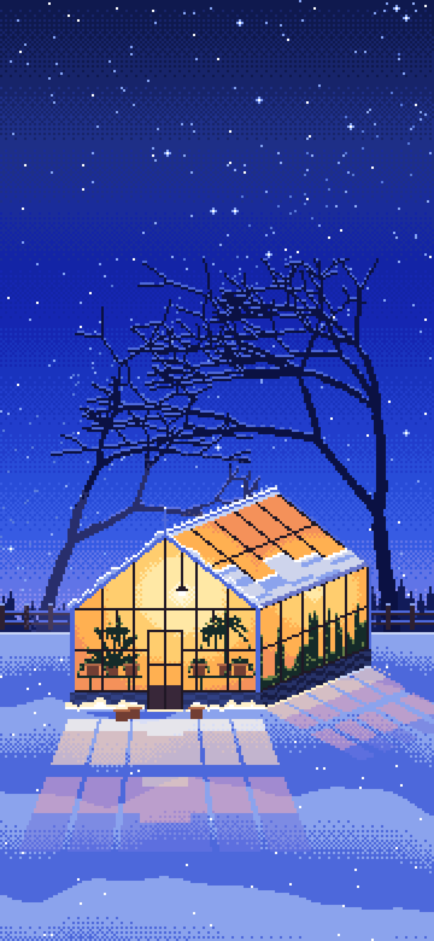 Royal Blue Pixel Art Snowy Greenhouse at Night wallpaper for iPhone and Android