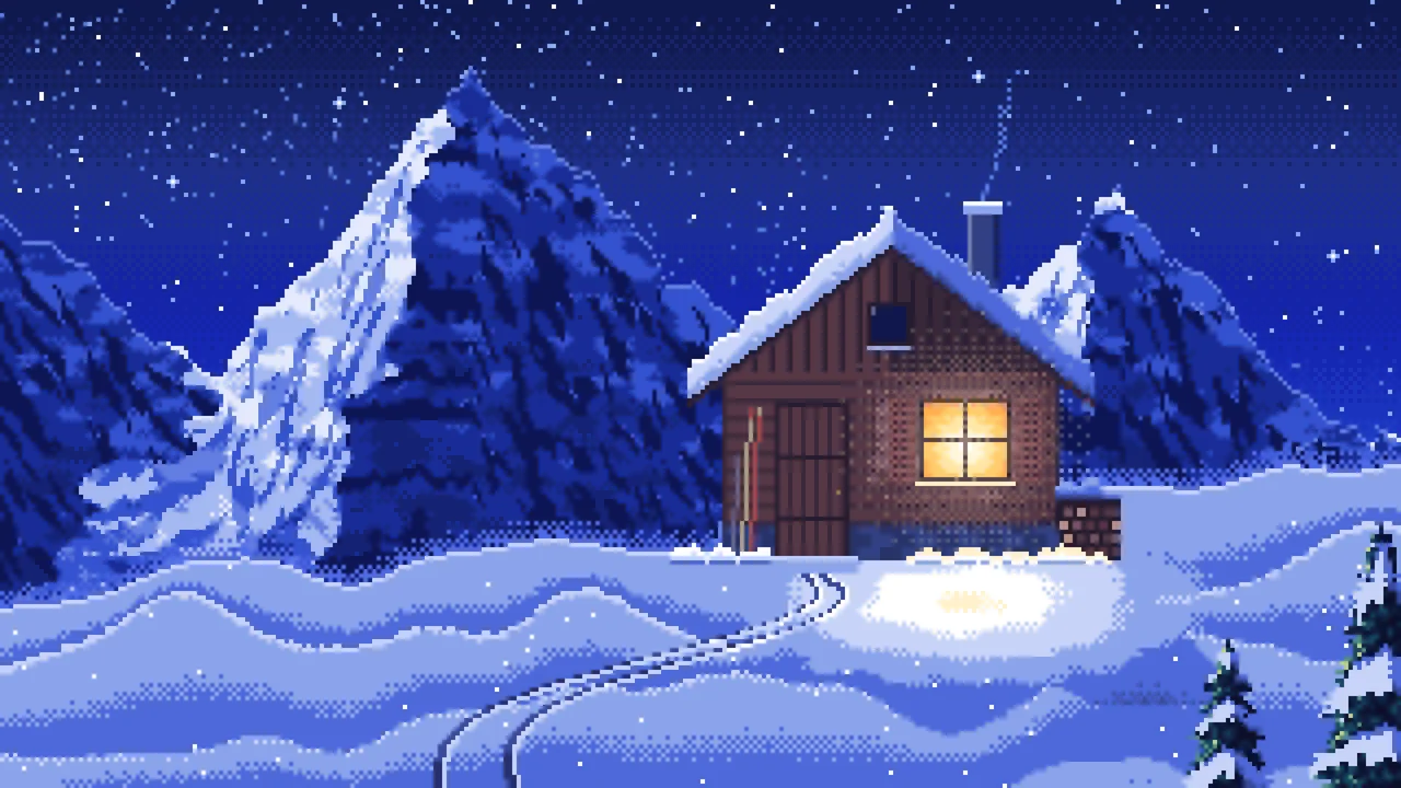 Royal Blue Pixel Art Snowy Mountain Hut Under the Stars desktop wallpaper in 4K