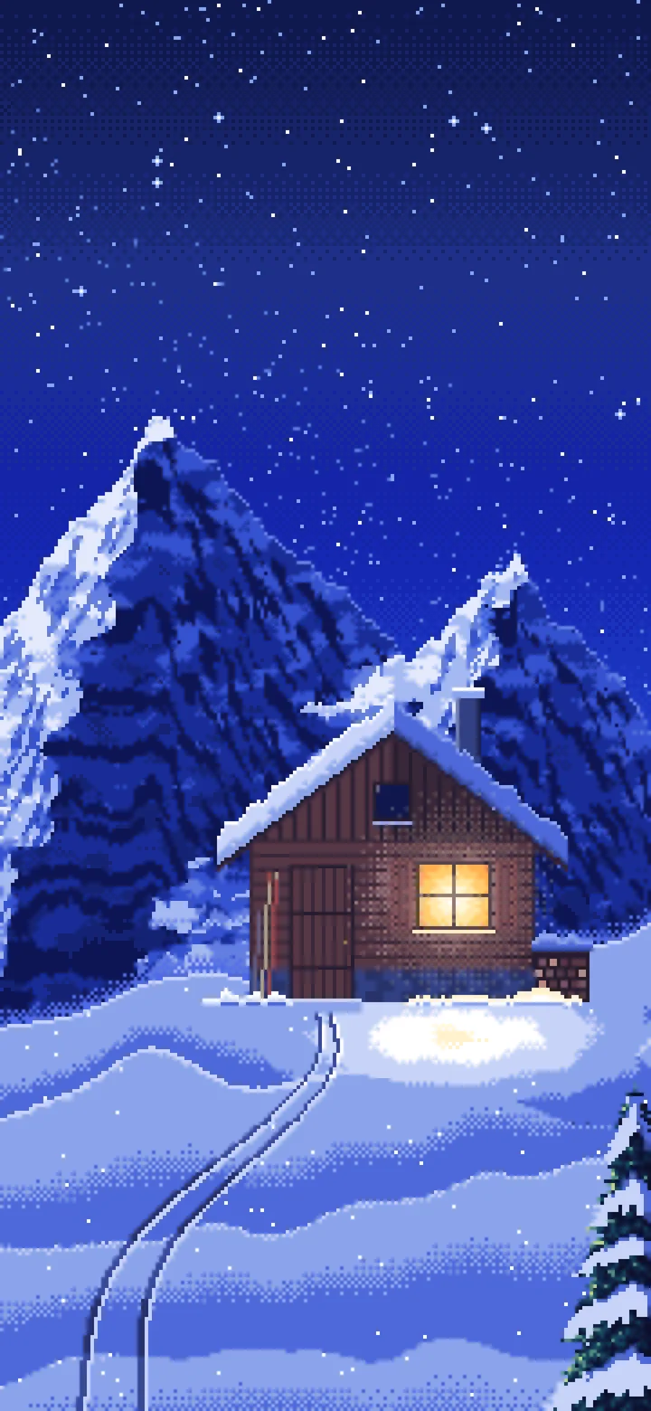 Royal Blue Pixel Art Snowy Mountain Hut Under the Stars wallpaper for iPhone and Android