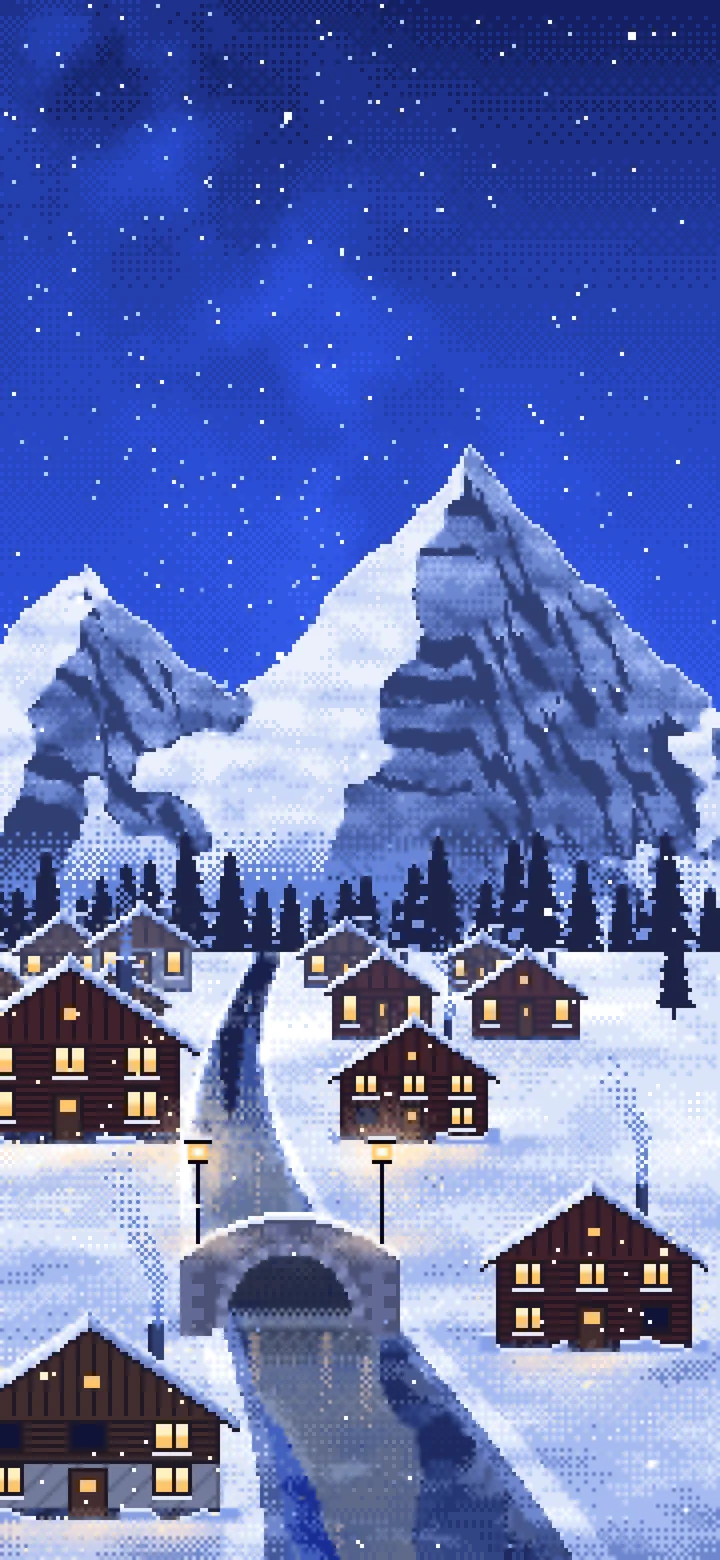 Royal Blue Pixel Art Snowy Mountain Village at Night wallpaper for iPhone and Android