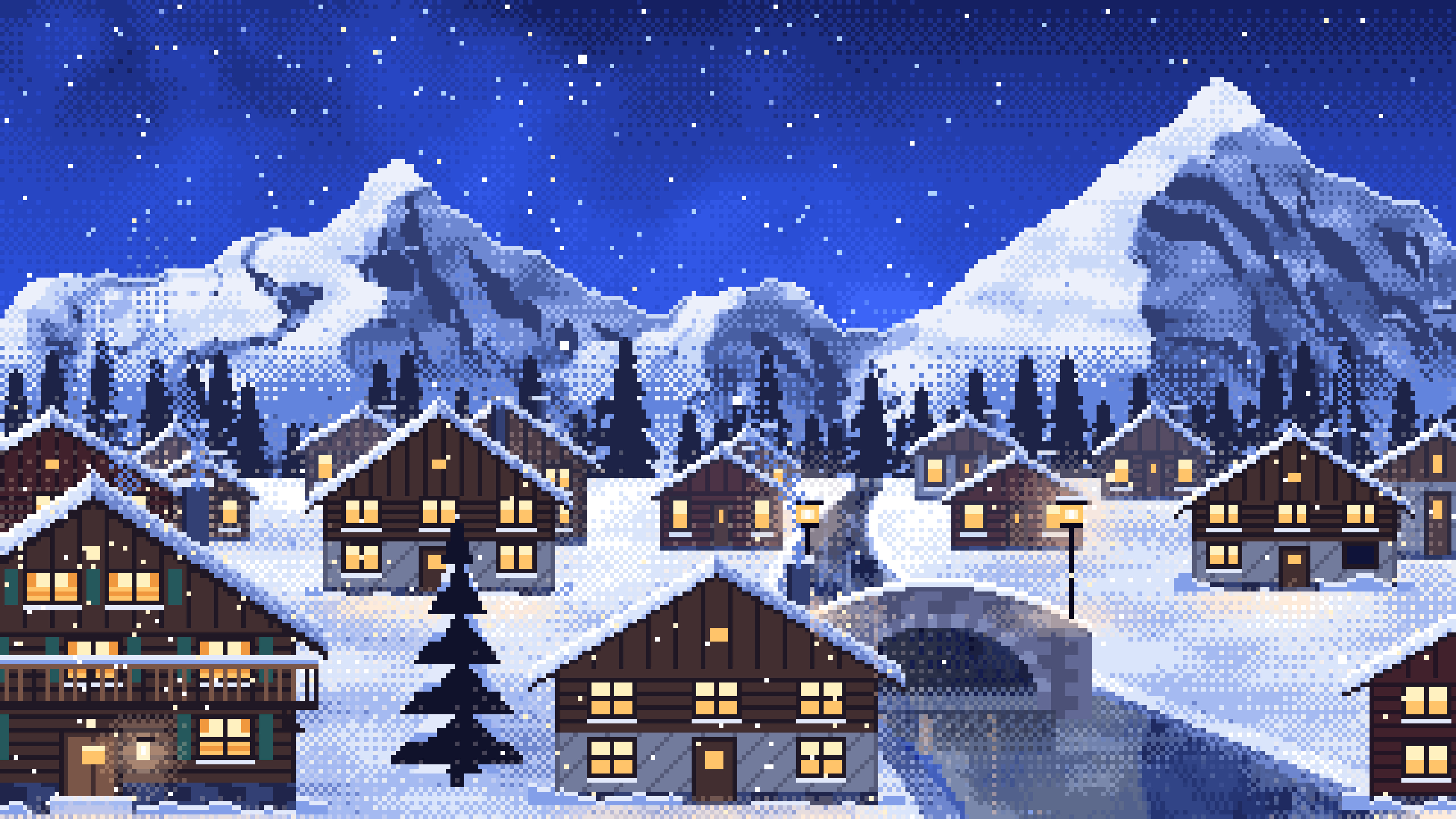 Royal Blue Pixel Art Snowy Mountain Village at Night desktop wallpaper in 4K