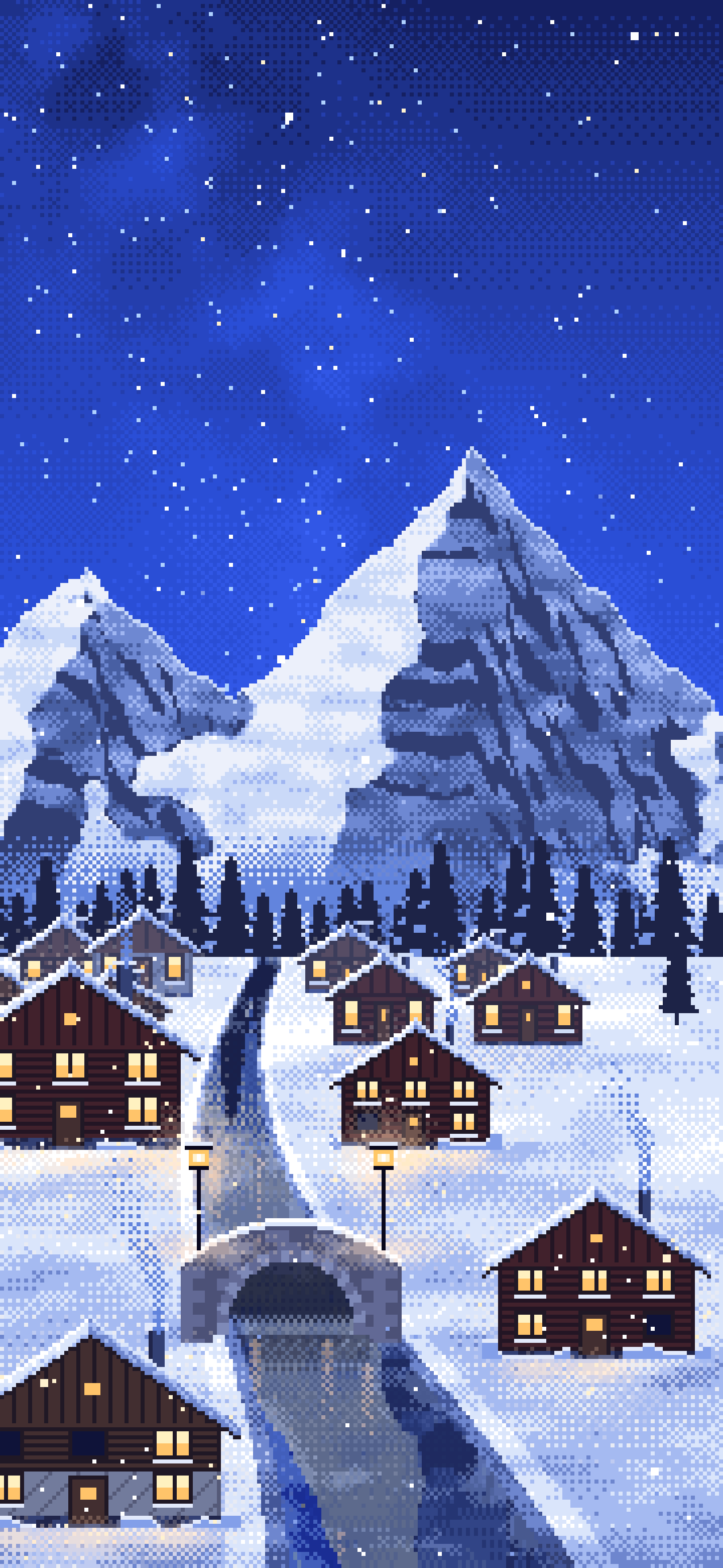 Royal Blue Pixel Art Snowy Mountain Village at Night wallpaper for iPhone and Android