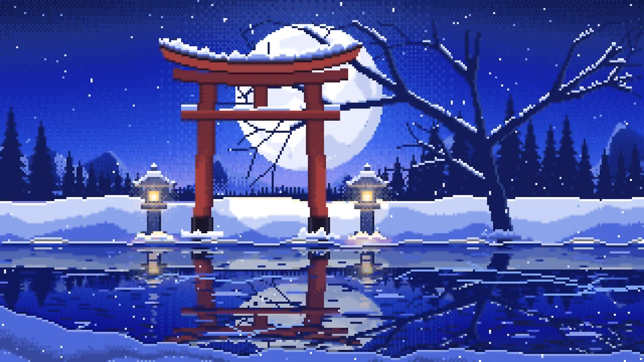 Royal Blue Pixel Art Snowy Torii Gate on a Frozen Lake desktop wallpaper in 4K