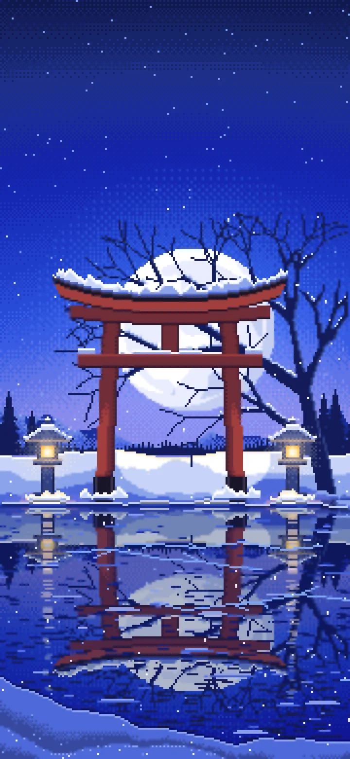 Royal Blue Pixel Art Snowy Torii Gate on a Frozen Lake wallpaper for iPhone and Android