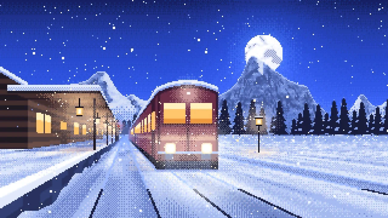Royal Blue Pixel Art Snowy Train Station at Night desktop wallpaper in 4K