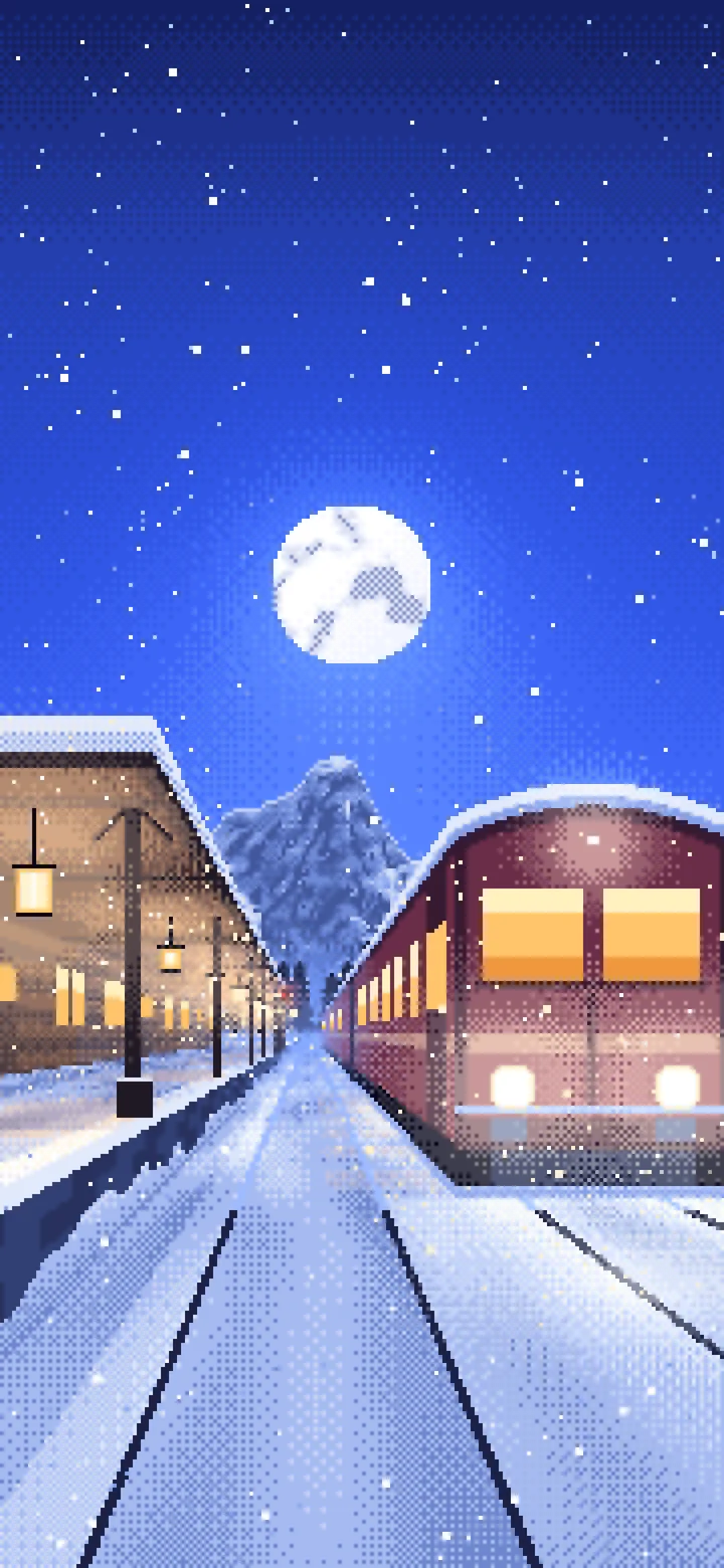 Royal Blue Pixel Art Snowy Train Station at Night wallpaper for iPhone and Android