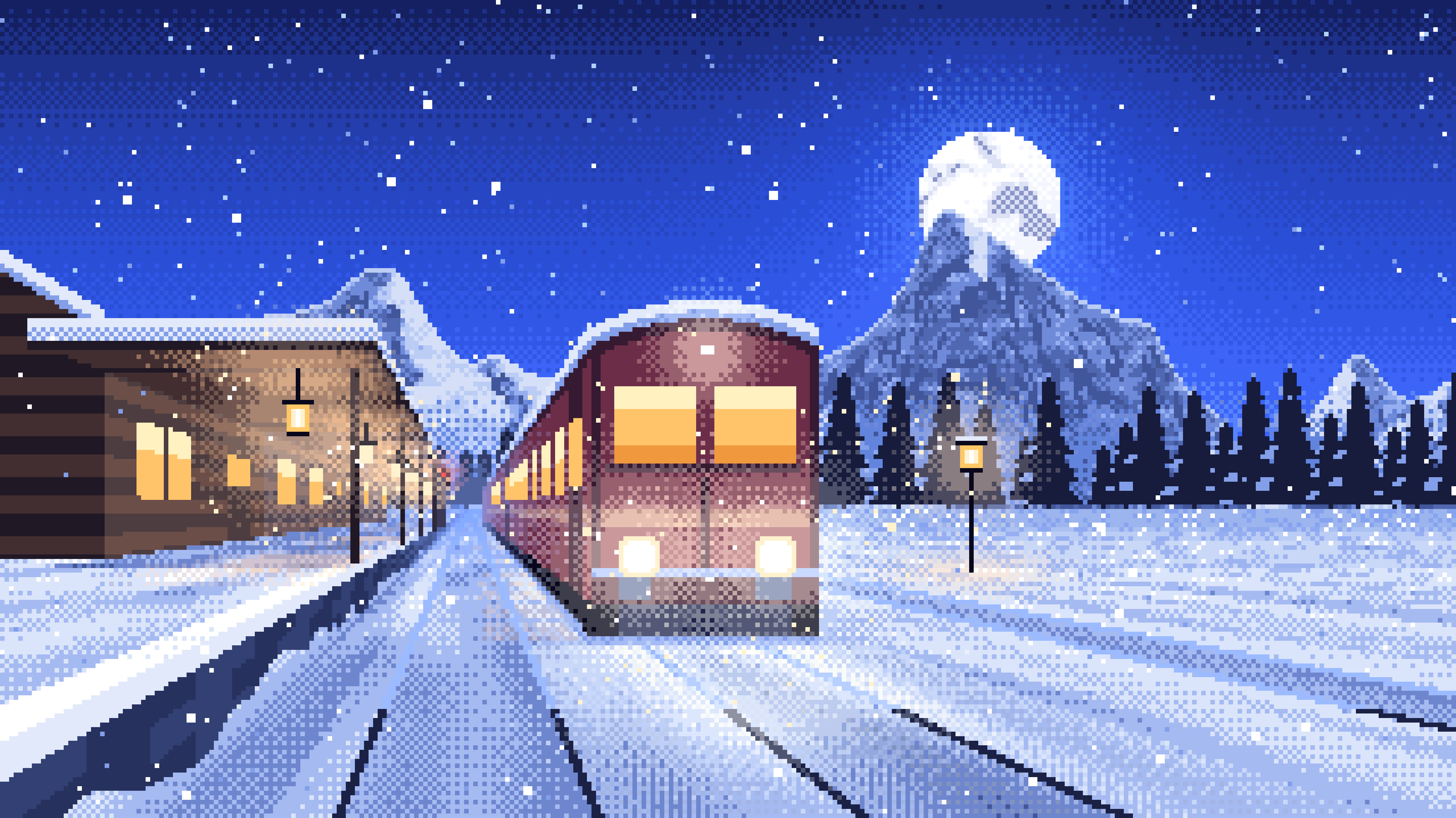 Royal Blue Pixel Art Snowy Train Station at Night desktop wallpaper in 4K
