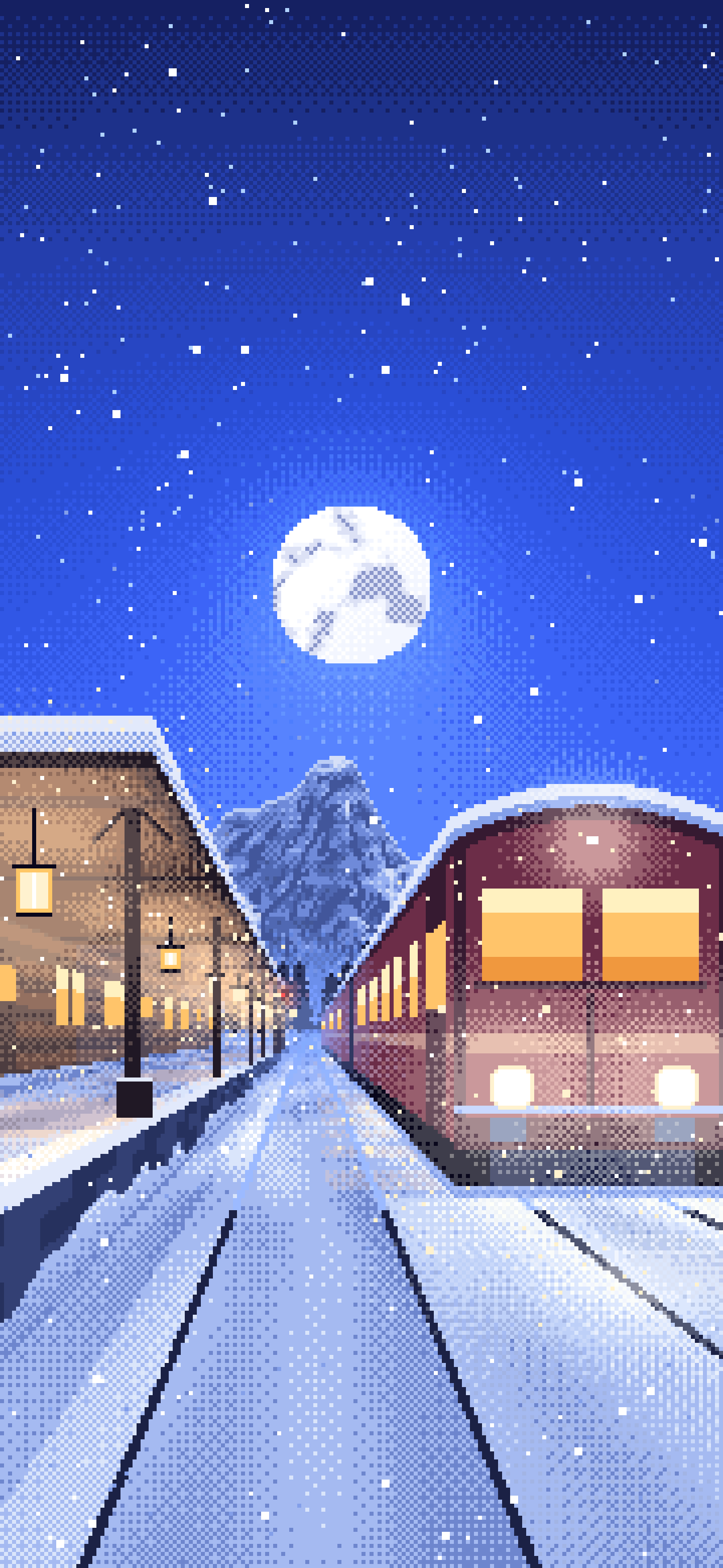 Royal Blue Pixel Art Snowy Train Station at Night wallpaper for iPhone and Android