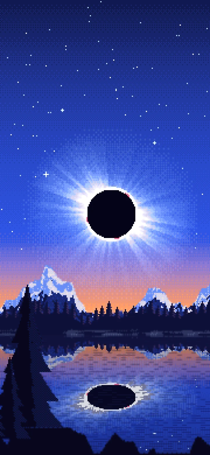 Royal Blue Pixel Art Solar Eclipse Over a Lake wallpaper for iPhone and Android