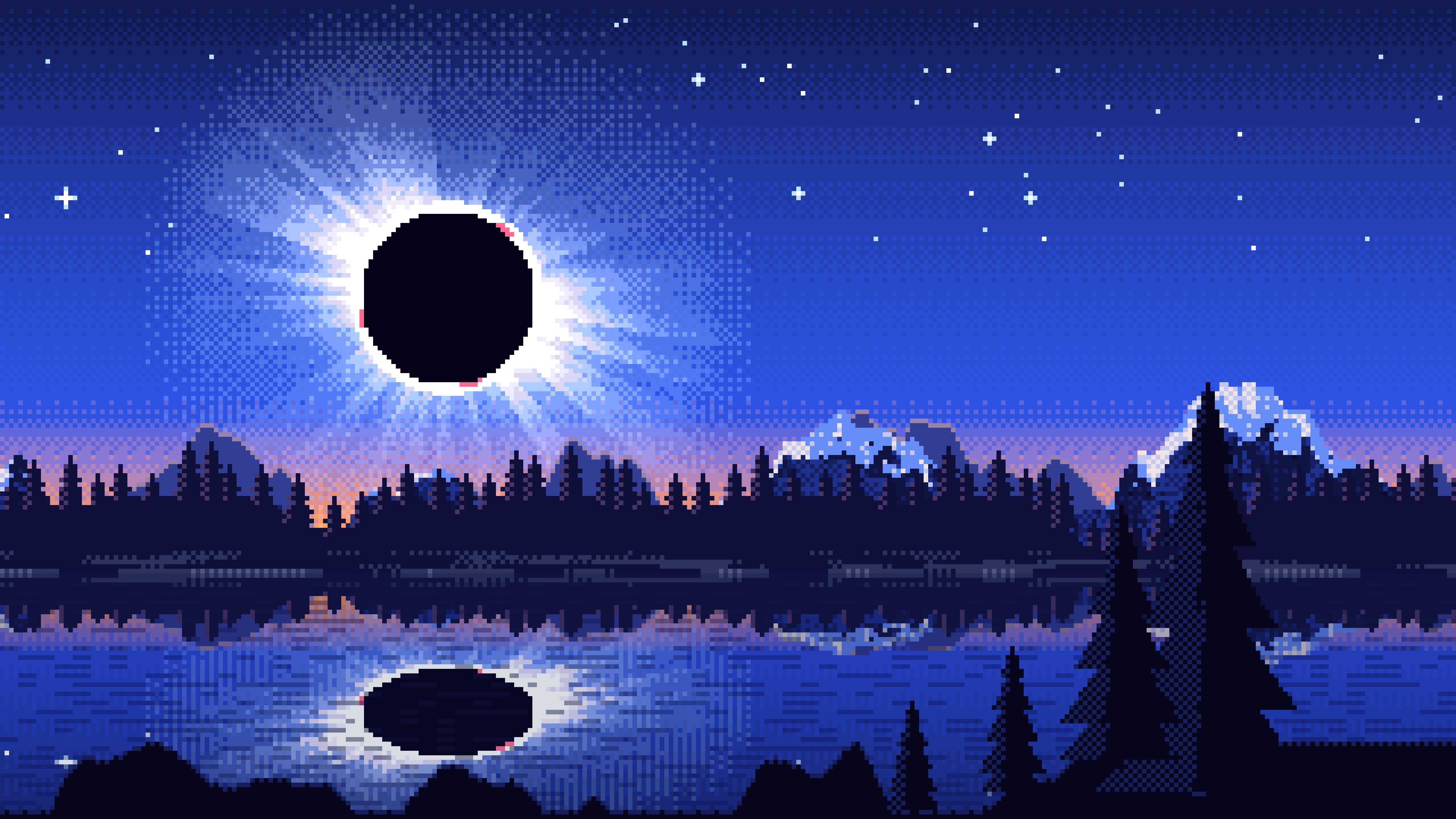 Royal Blue Pixel Art Solar Eclipse Over a Lake desktop wallpaper in 4K
