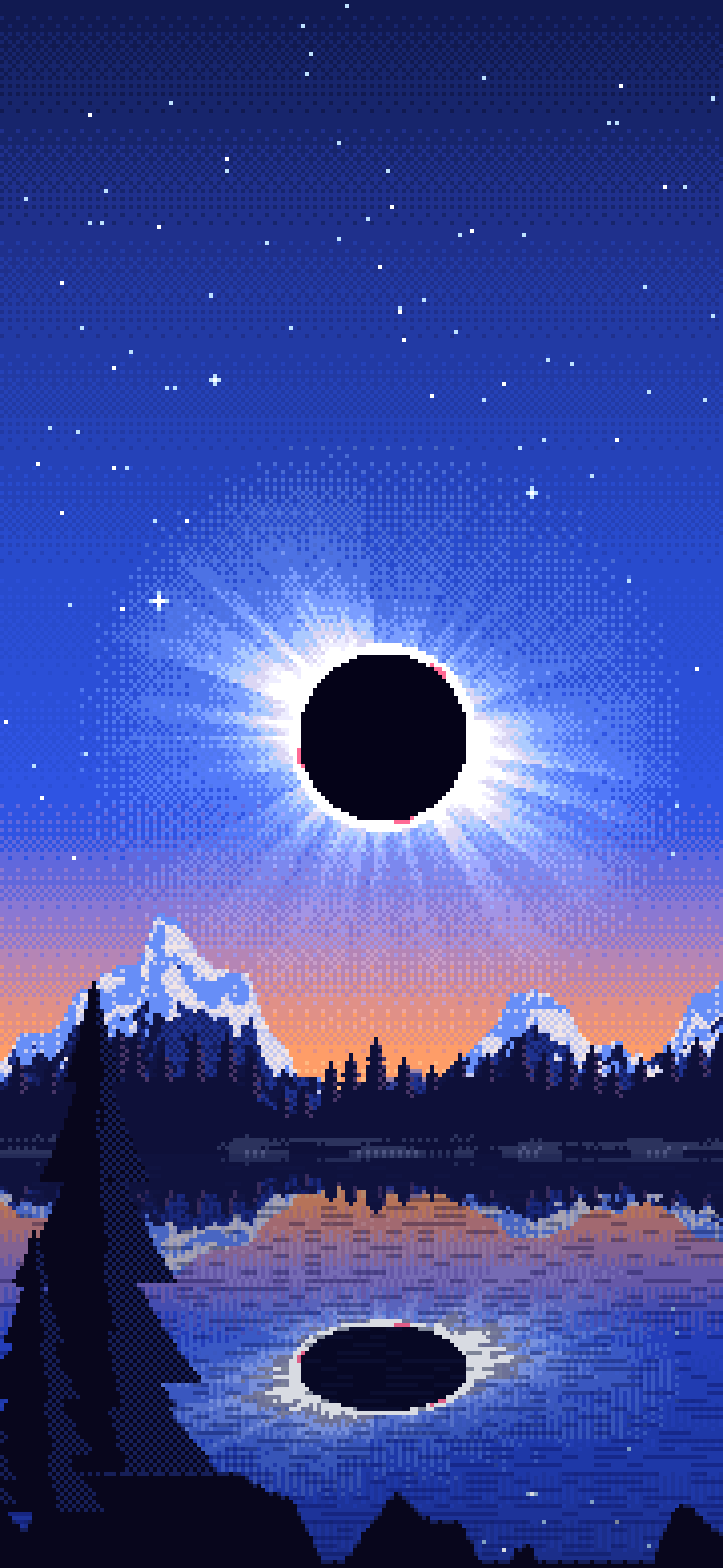 Royal Blue Pixel Art Solar Eclipse Over a Lake wallpaper for iPhone and Android