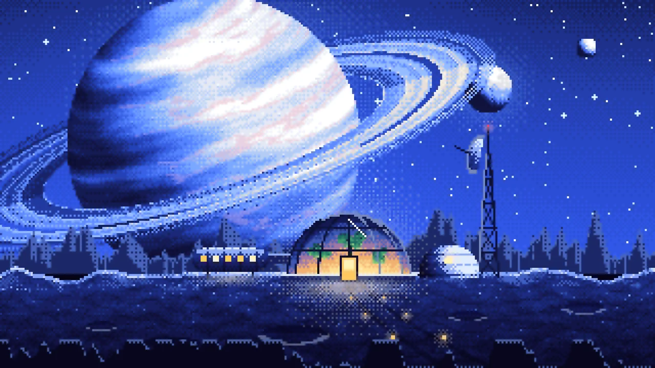 Royal Blue Pixel Art Space Outpost Under a Ringed Planet desktop wallpaper in 4K