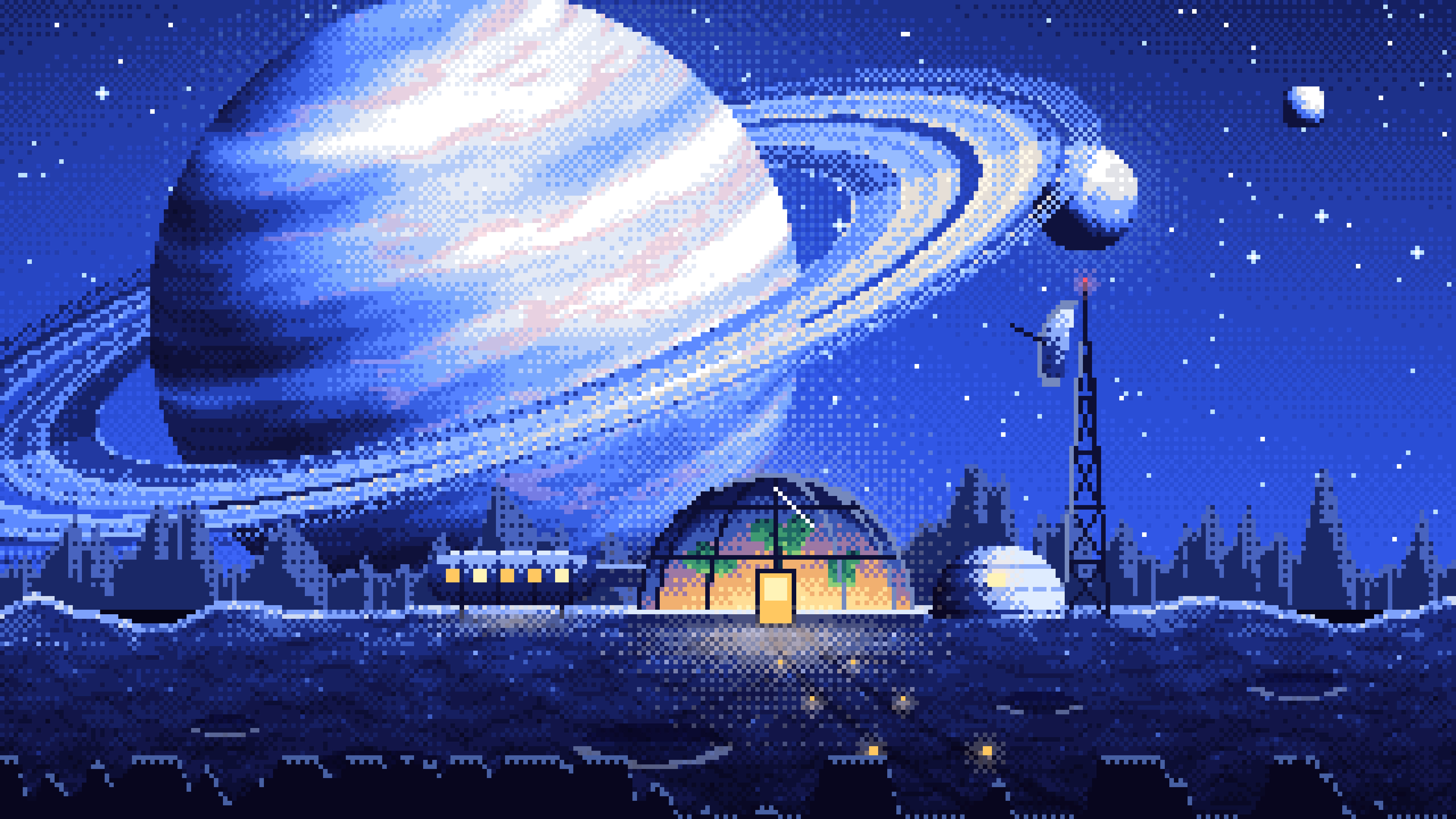 Royal Blue Pixel Art Space Outpost Under a Ringed Planet desktop wallpaper in 4K
