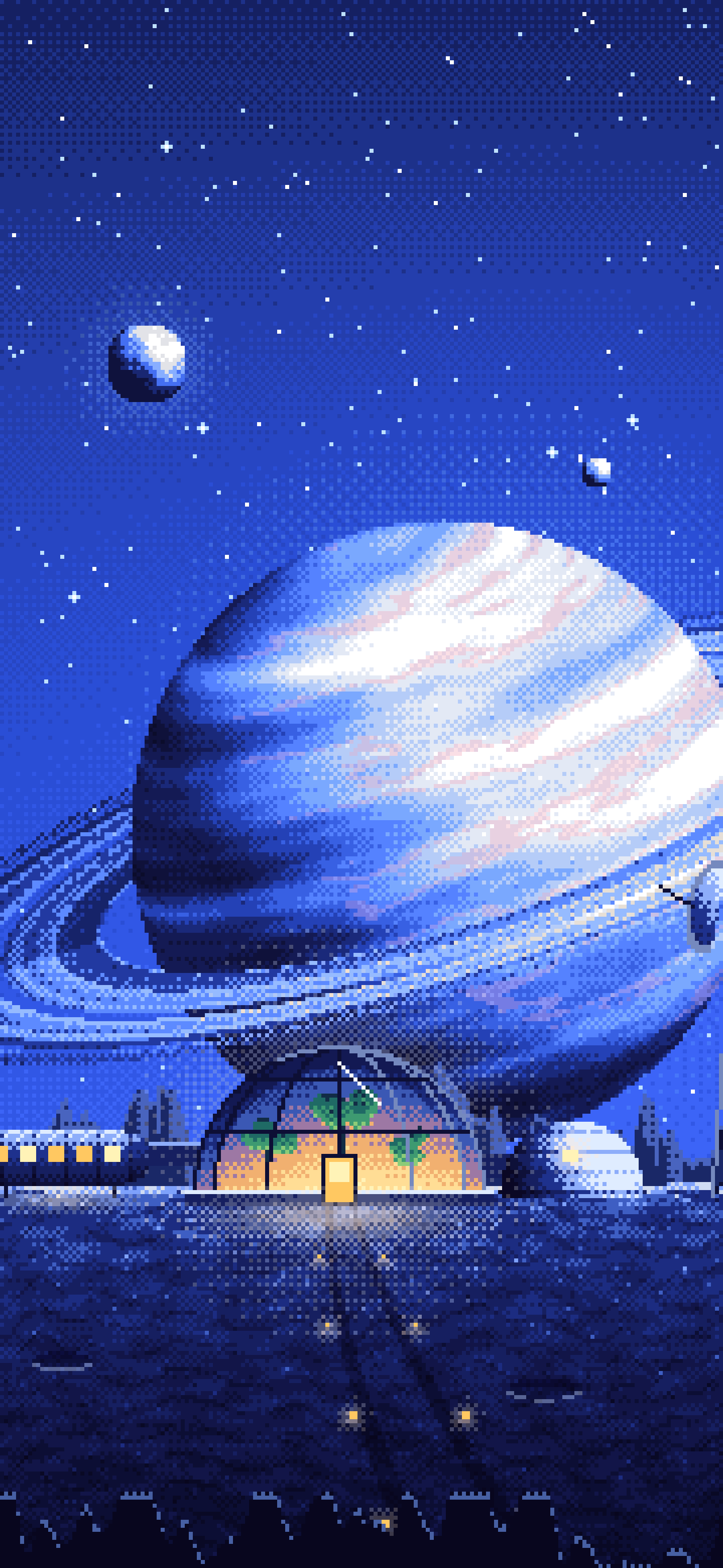 Royal Blue Pixel Art Space Outpost Under a Ringed Planet wallpaper for iPhone and Android