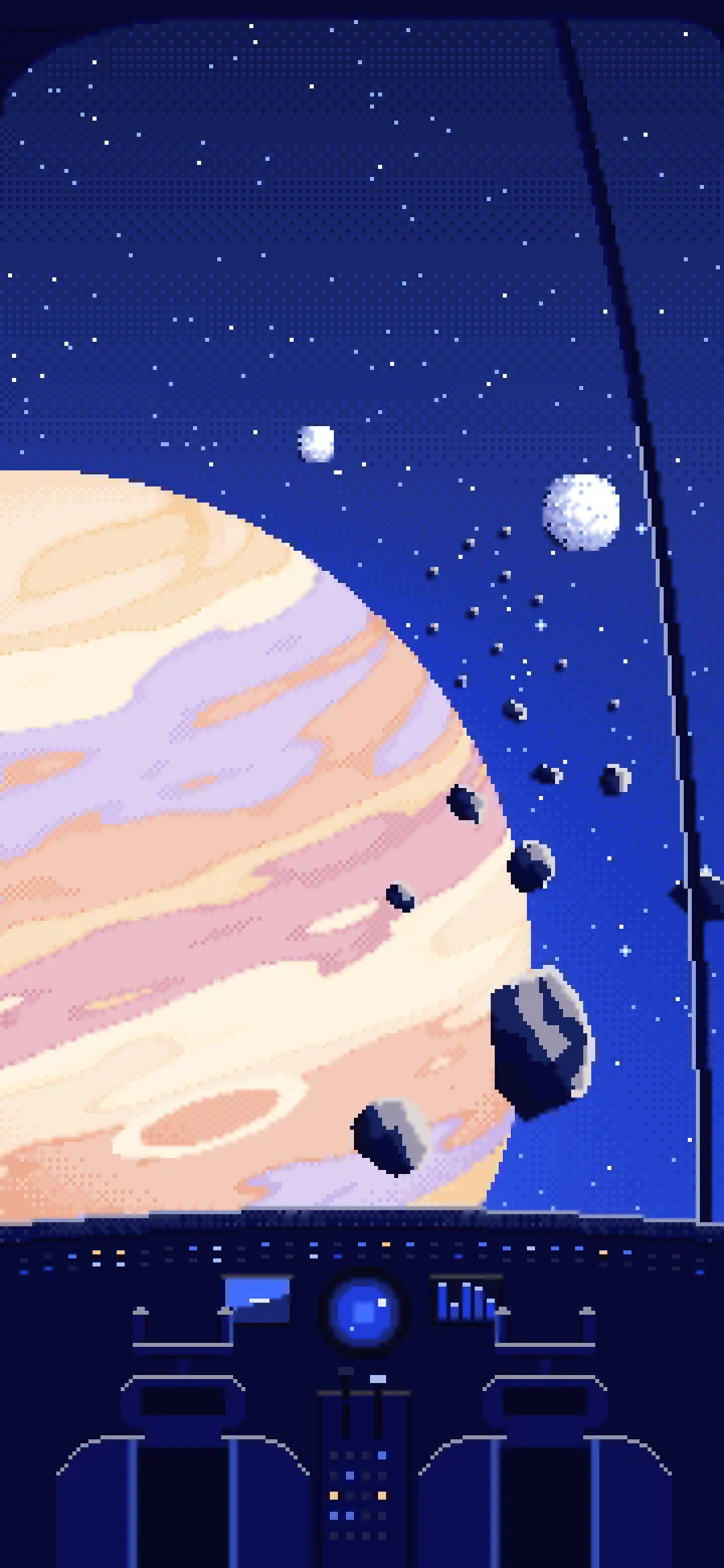 Royal Blue Pixel Art Spaceship Cockpit and a Giant Planet wallpaper for iPhone and Android