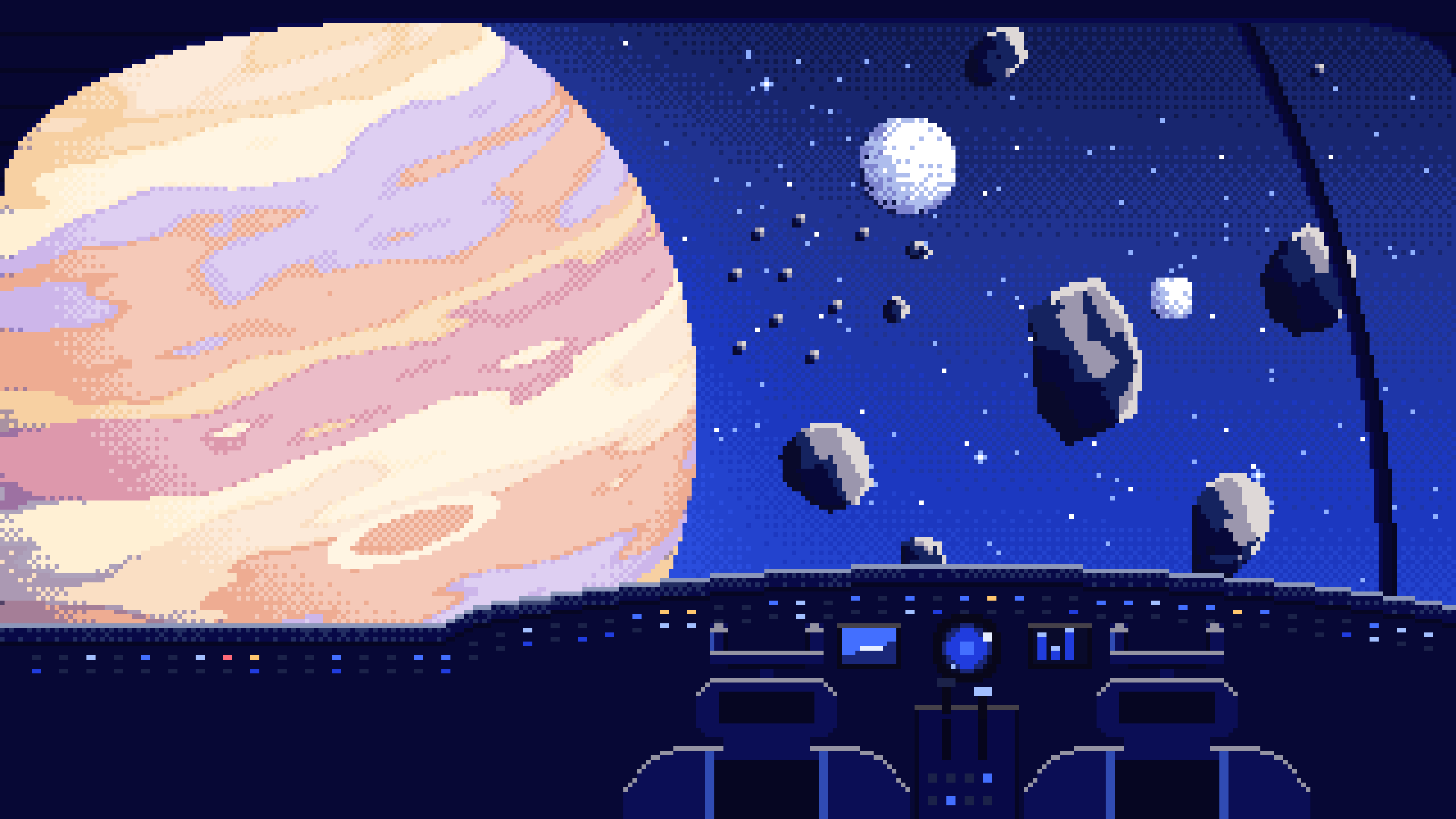 Royal Blue Pixel Art Spaceship Cockpit and a Giant Planet desktop wallpaper in 4K