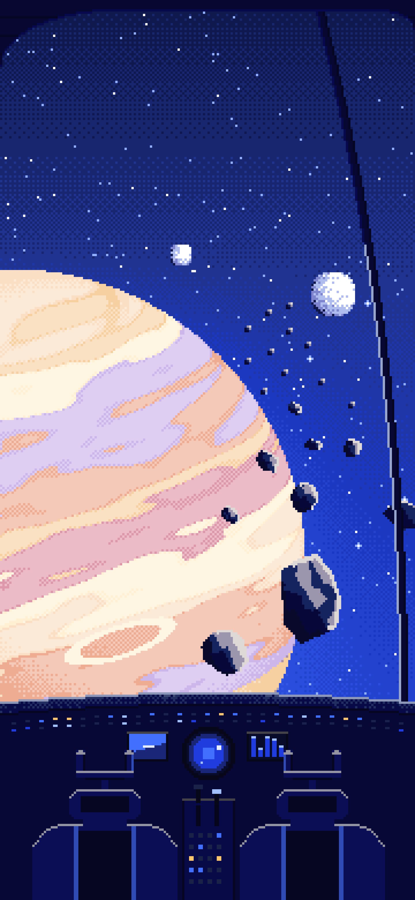 Royal Blue Pixel Art Spaceship Cockpit and a Giant Planet wallpaper for iPhone and Android